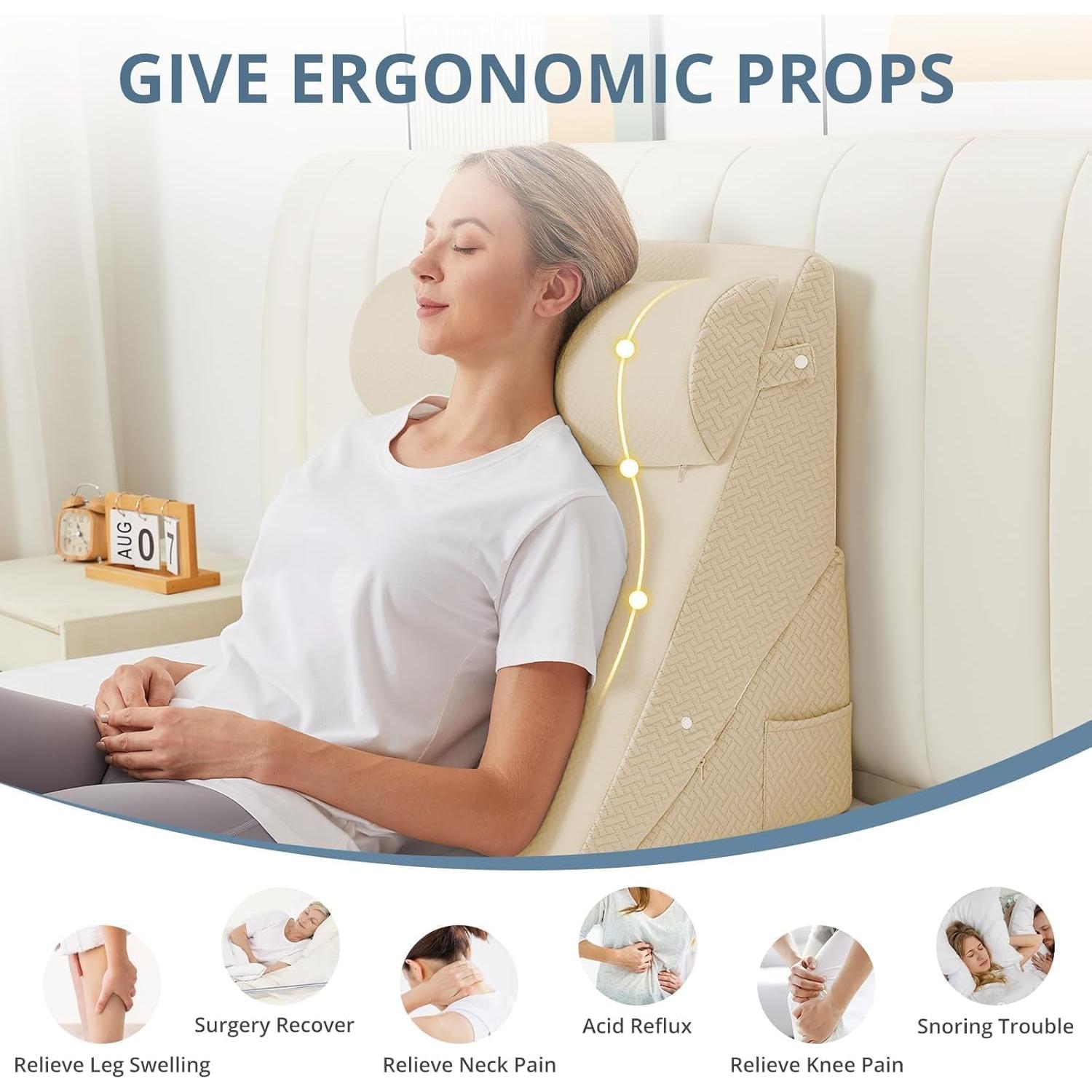 Sasttie Wedge Pillow Set for After Surgery, Adjustable Bed Wedge Pillow Headboard with Orthopedic Memory Foam Neck Cushion – for Acid Reflux, Sleeping, Neck & Back Support, Beige