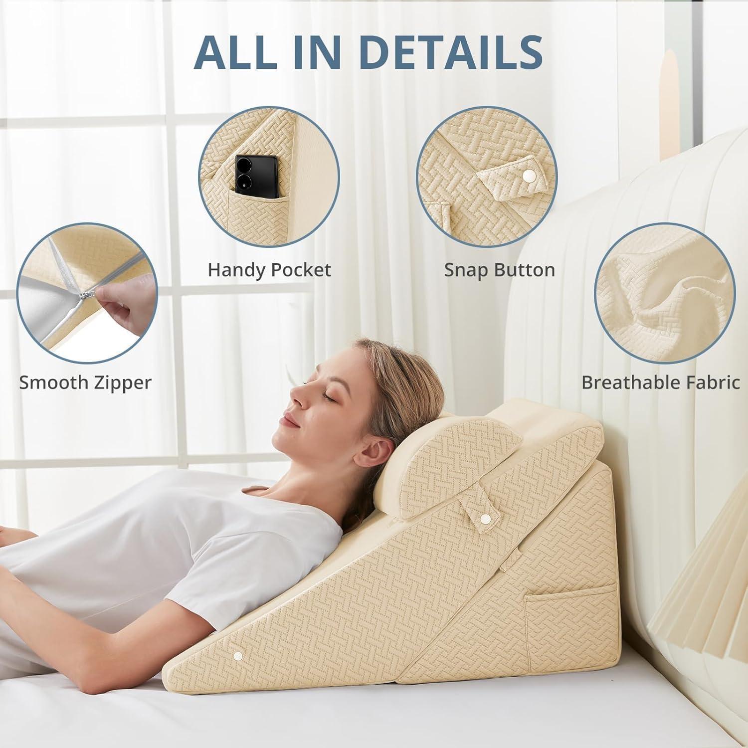 Sasttie Wedge Pillow Set for After Surgery, Adjustable Bed Wedge Pillow Headboard with Orthopedic Memory Foam Neck Cushion – for Acid Reflux, Sleeping, Neck & Back Support, Beige