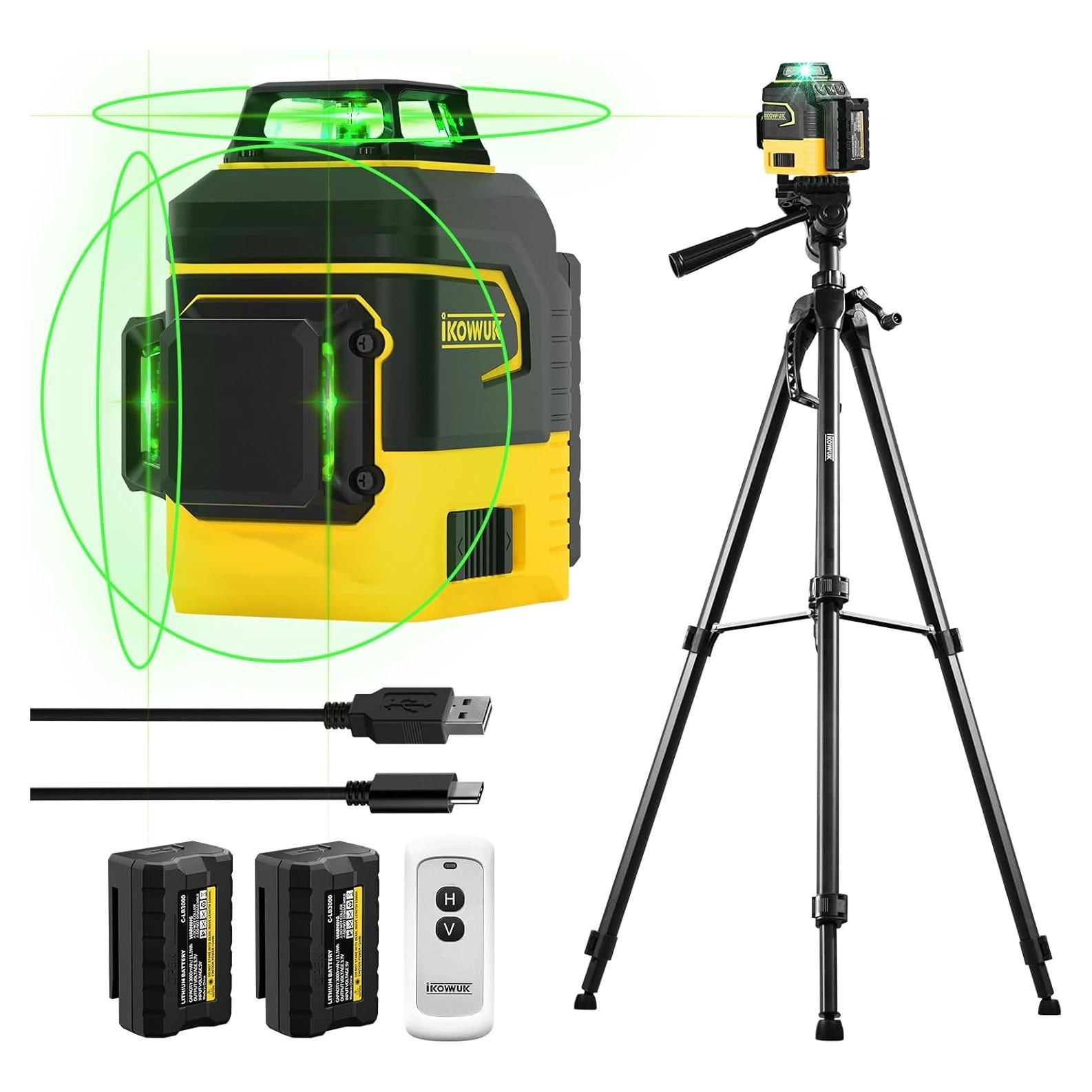 IKOVWUK Laser Level with Tripod, Laser Level 3x360° Self Leveling 12 Green Line, Rechargeable Battery 2 x 3000 mAh & Type-C Charging Port, Compact Adjustable 1.6M Tripod & Carry Pouch Included