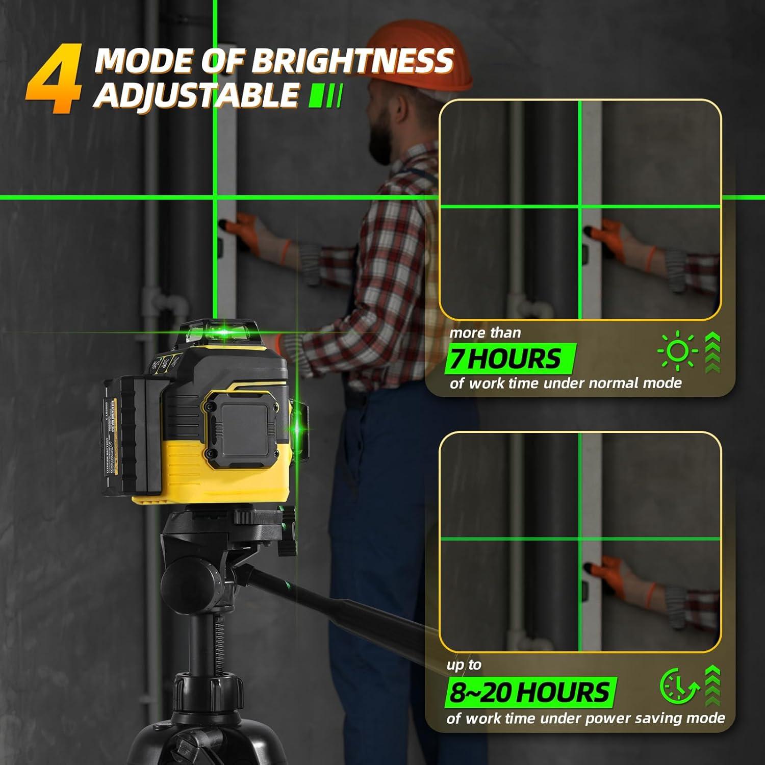 IKOVWUK Laser Level with Tripod, Laser Level 3x360° Self Leveling 12 Green Line, Rechargeable Battery 2 x 3000 mAh & Type-C Charging Port, Compact Adjustable 1.6M Tripod & Carry Pouch Included