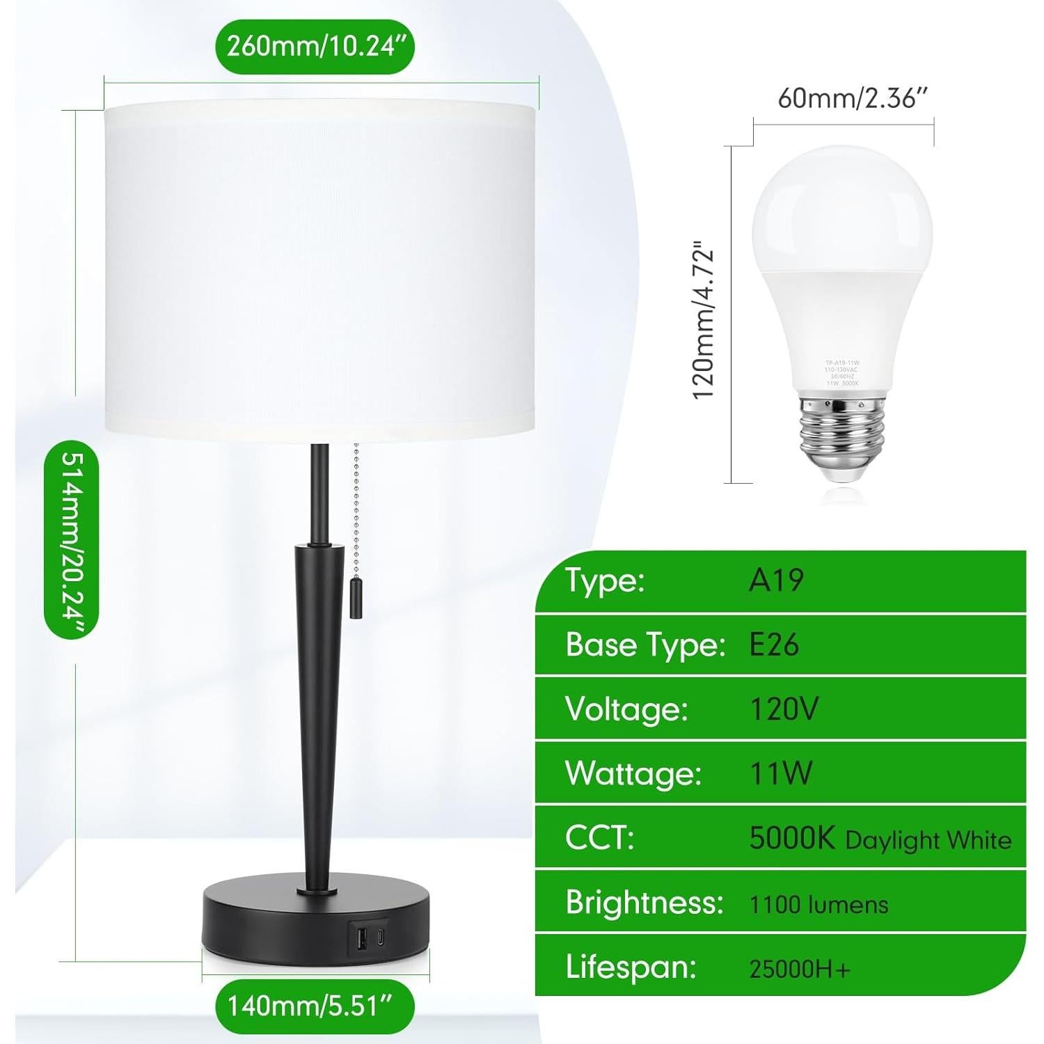 Juego de 2 Lámparas de Mesa GGOYING con Carga USB y LED 5000K