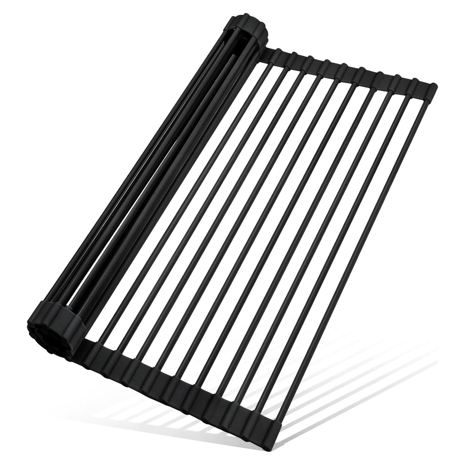 MERRYBOX Roll Up Over The Sink Dish Drying Rack Silicone Wrapped Foldable, Heat-Resistant, Anti-Slip Sink Rack Multipurpose Dish Drainer for Kitchen Sink Counter - Black, 17.5" x 11"