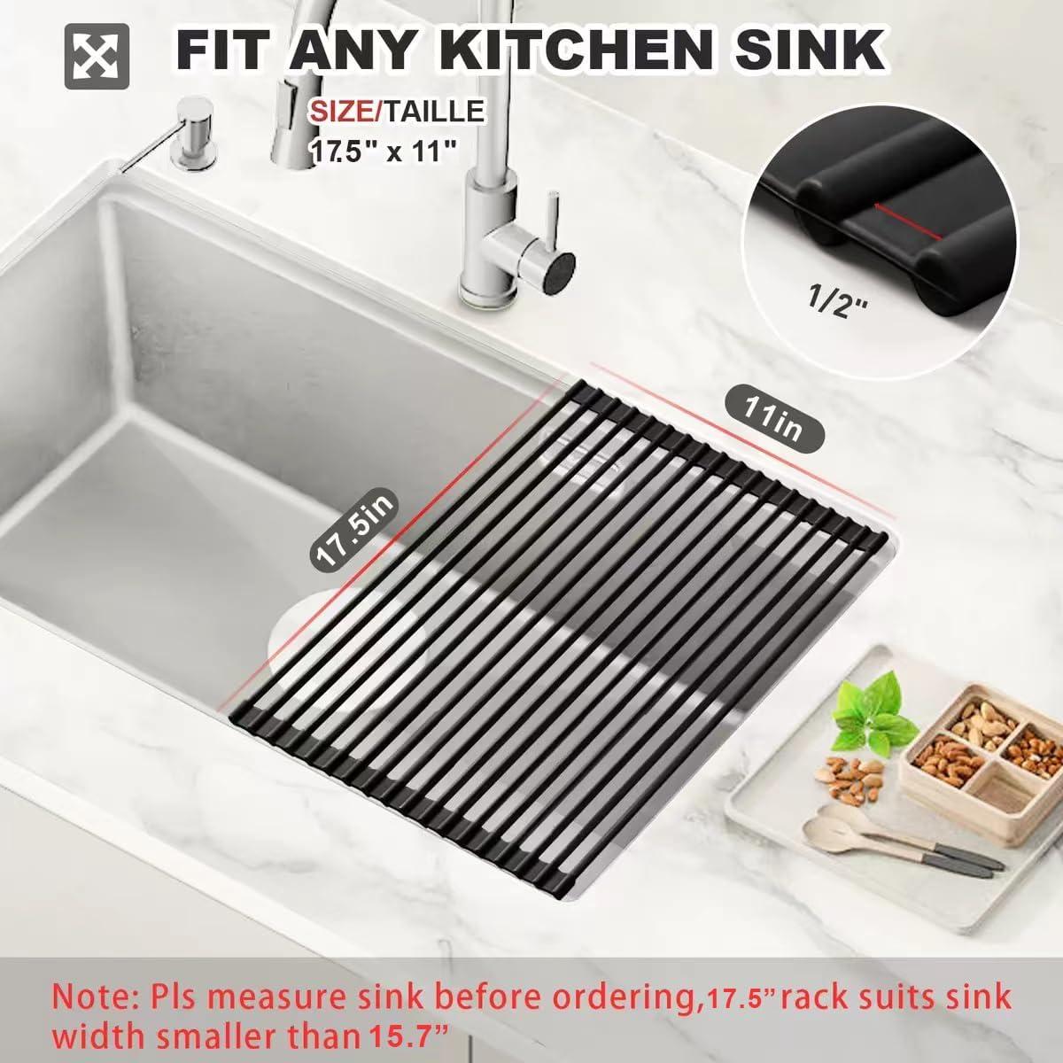 MERRYBOX Roll Up Over The Sink Dish Drying Rack Silicone Wrapped Foldable, Heat-Resistant, Anti-Slip Sink Rack Multipurpose Dish Drainer for Kitchen Sink Counter - Black, 17.5" x 11"