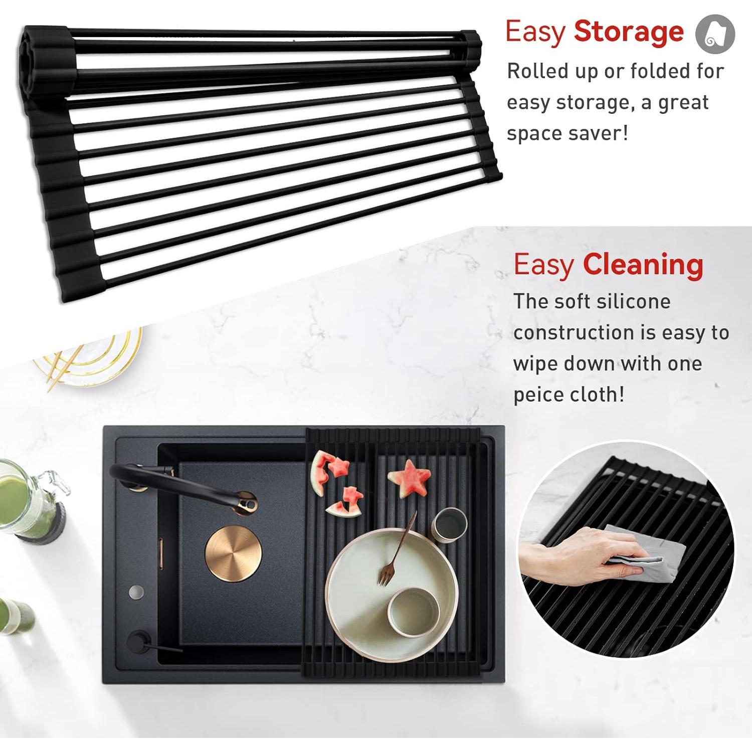 MERRYBOX Roll Up Over The Sink Dish Drying Rack Silicone Wrapped Foldable, Heat-Resistant, Anti-Slip Sink Rack Multipurpose Dish Drainer for Kitchen Sink Counter - Black, 17.5" x 11"