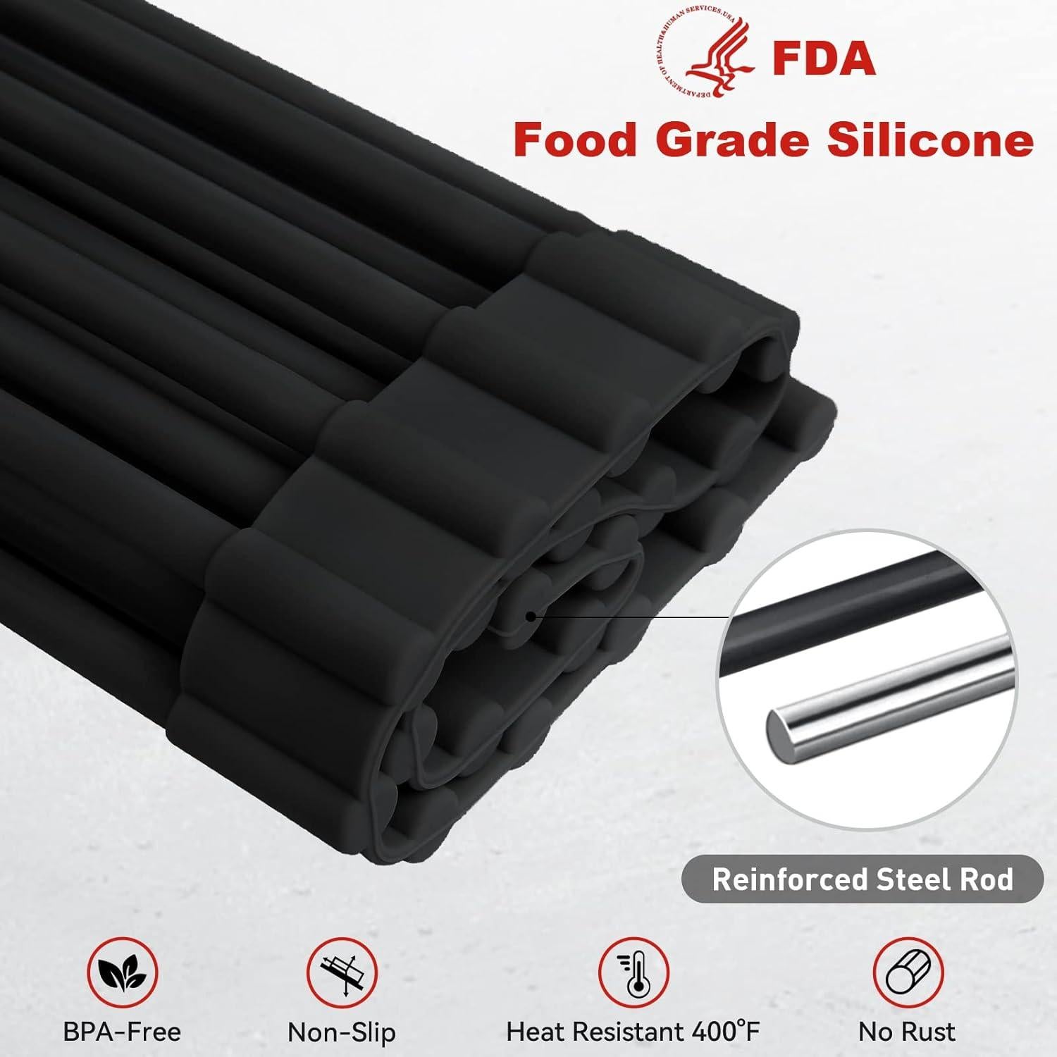 MERRYBOX Roll Up Over The Sink Dish Drying Rack Silicone Wrapped Foldable, Heat-Resistant, Anti-Slip Sink Rack Multipurpose Dish Drainer for Kitchen Sink Counter - Black, 17.5" x 11"