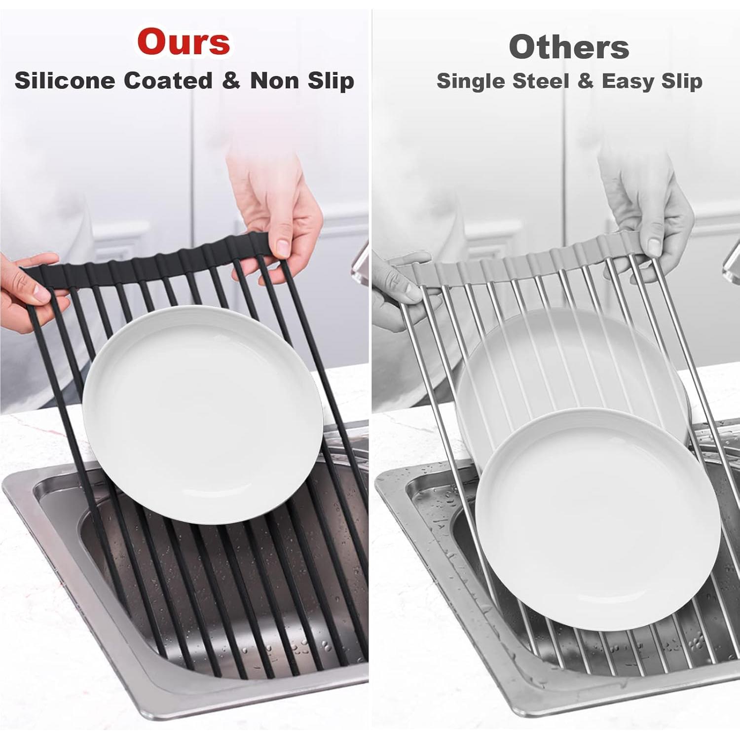 MERRYBOX Roll Up Over The Sink Dish Drying Rack Silicone Wrapped Foldable, Heat-Resistant, Anti-Slip Sink Rack Multipurpose Dish Drainer for Kitchen Sink Counter - Black, 17.5" x 11"