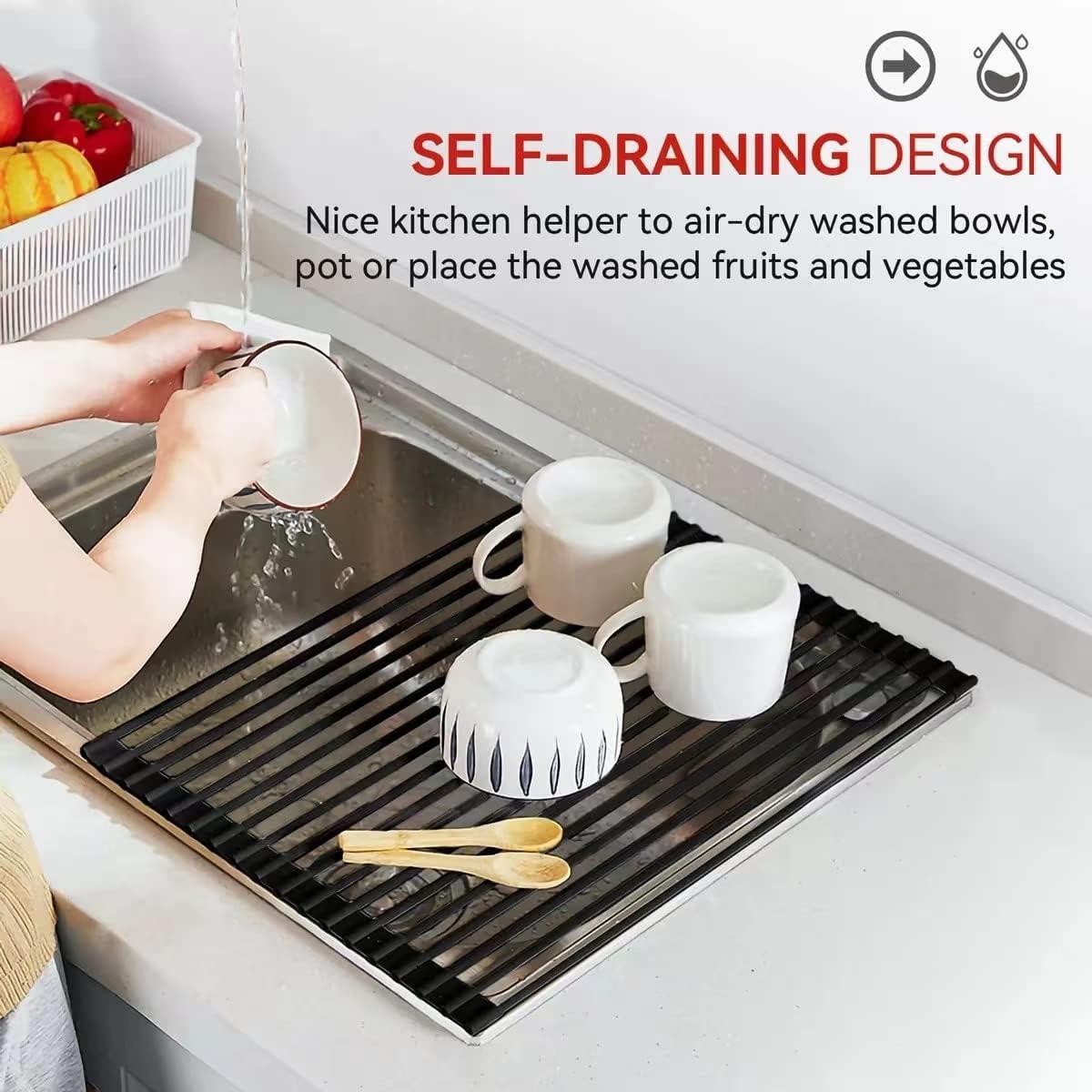MERRYBOX Roll Up Over The Sink Dish Drying Rack Silicone Wrapped Foldable, Heat-Resistant, Anti-Slip Sink Rack Multipurpose Dish Drainer for Kitchen Sink Counter - Black, 17.5" x 11"