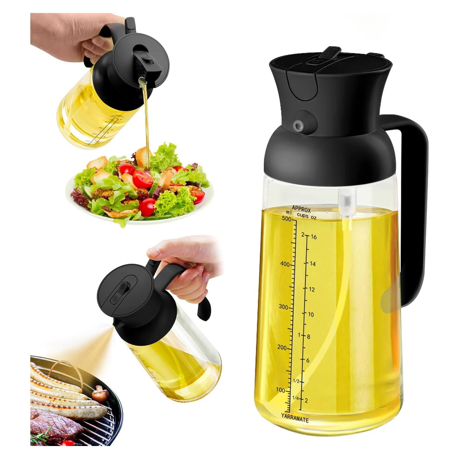 YARRAMATE Large Capacity 2 in 1 Oil Sprayer for Cooking with Measuring, 18oz/550ml Olive Oil Dispenser for Kitchen, Food-grade Oil Spritzer Bottle for Air Fryer, Salad BBQ (Black)