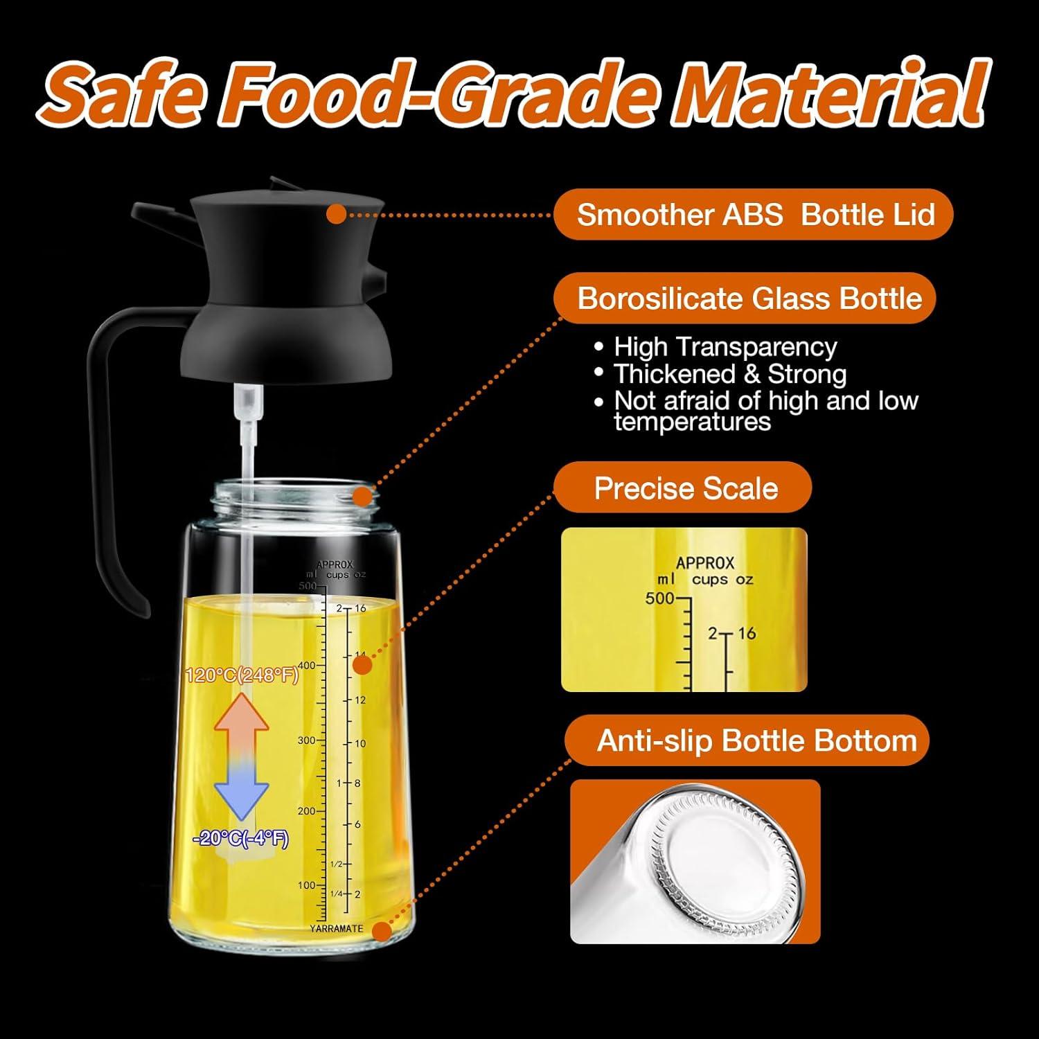 YARRAMATE Large Capacity 2 in 1 Oil Sprayer for Cooking with Measuring, 18oz/550ml Olive Oil Dispenser for Kitchen, Food-grade Oil Spritzer Bottle for Air Fryer, Salad BBQ (Black)