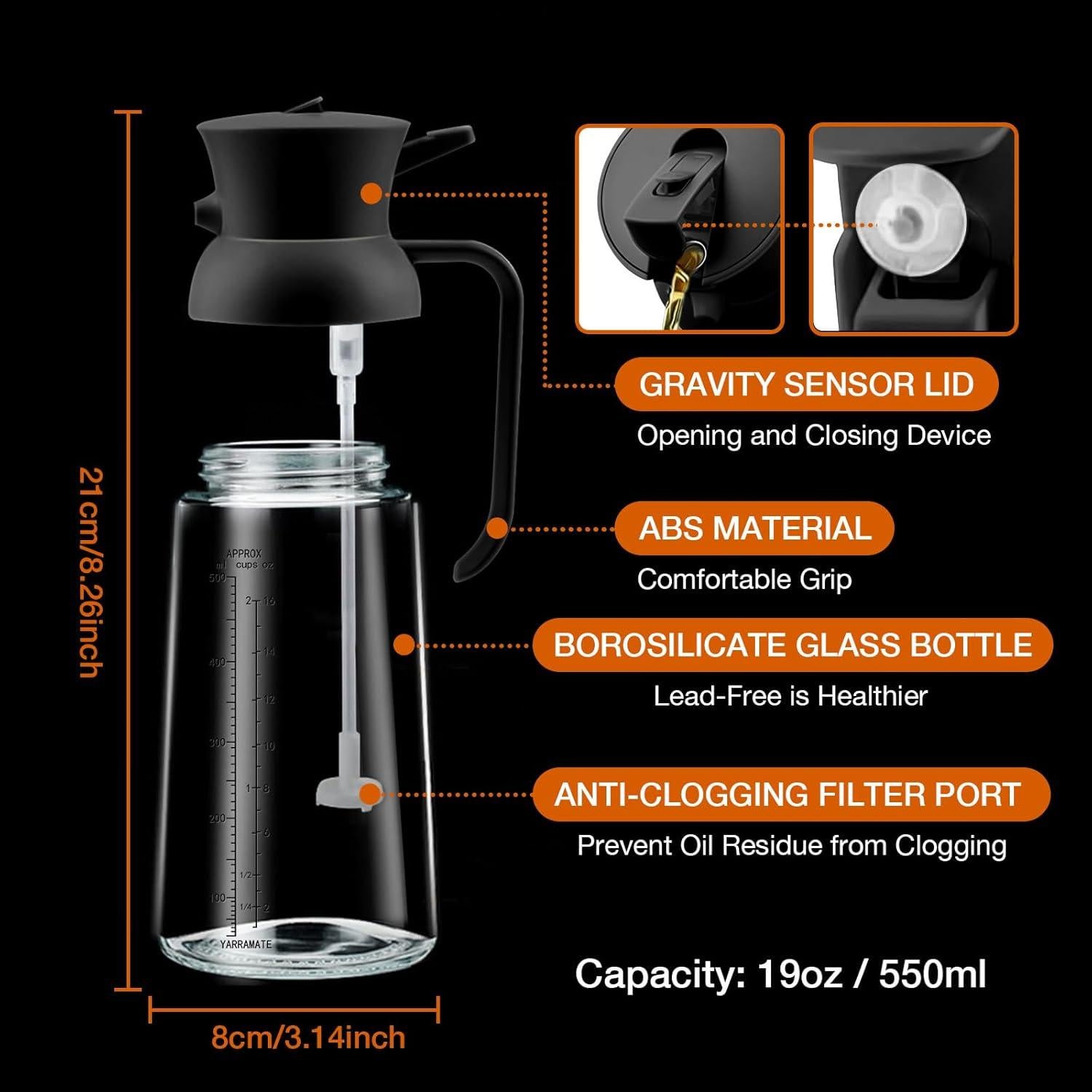 YARRAMATE Large Capacity 2 in 1 Oil Sprayer for Cooking with Measuring, 18oz/550ml Olive Oil Dispenser for Kitchen, Food-grade Oil Spritzer Bottle for Air Fryer, Salad BBQ (Black)