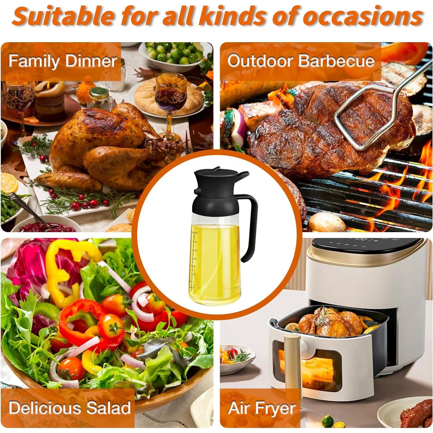 YARRAMATE Large Capacity 2 in 1 Oil Sprayer for Cooking with Measuring, 18oz/550ml Olive Oil Dispenser for Kitchen, Food-grade Oil Spritzer Bottle for Air Fryer, Salad BBQ (Black)