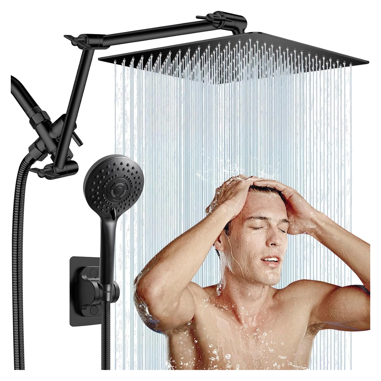 12'' Rain Shower Head with Handheld Spray, Black Shower Head High Pressure with 16'' Flexible Adjustment of Height/Angle Upgraded Extension Arm and 5 Setting Handheld Shower Head with Hose, Anti-leak