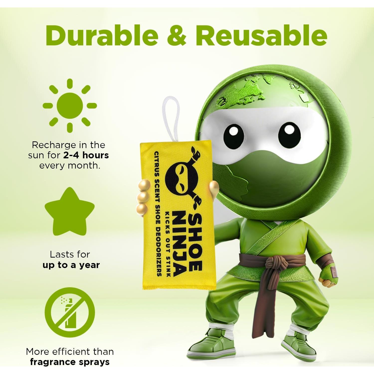 Shoe Ninja Shoe Deodorizer - Shoe Odor Elimination with Activated Charcoal, Versatile and Reusable Shoe Smell Remover, Boxing Glove Deodorizer, and Shoe Freshener, Great for Sports - 1 Pack Count of 2