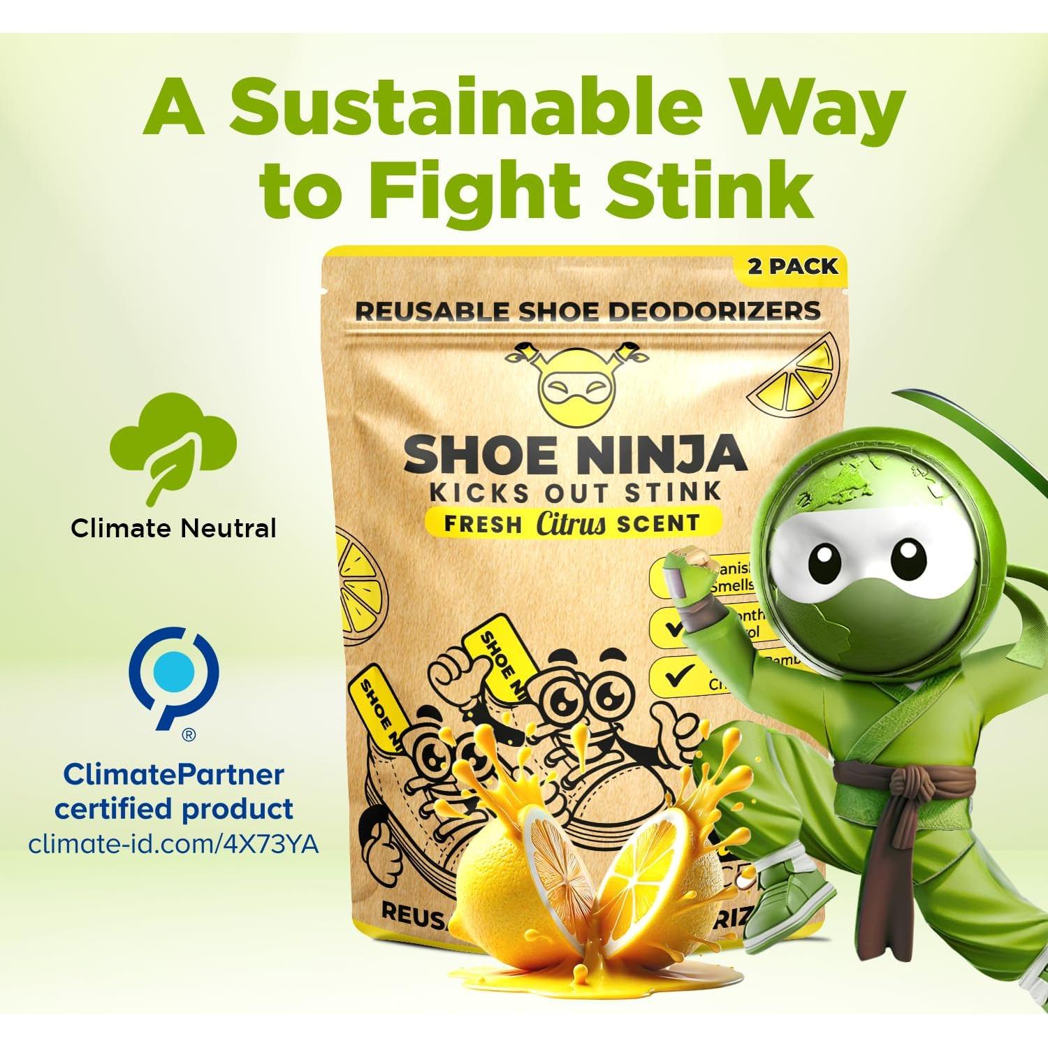 Shoe Ninja Shoe Deodorizer - Shoe Odor Elimination with Activated Charcoal, Versatile and Reusable Shoe Smell Remover, Boxing Glove Deodorizer, and Shoe Freshener, Great for Sports - 1 Pack Count of 2