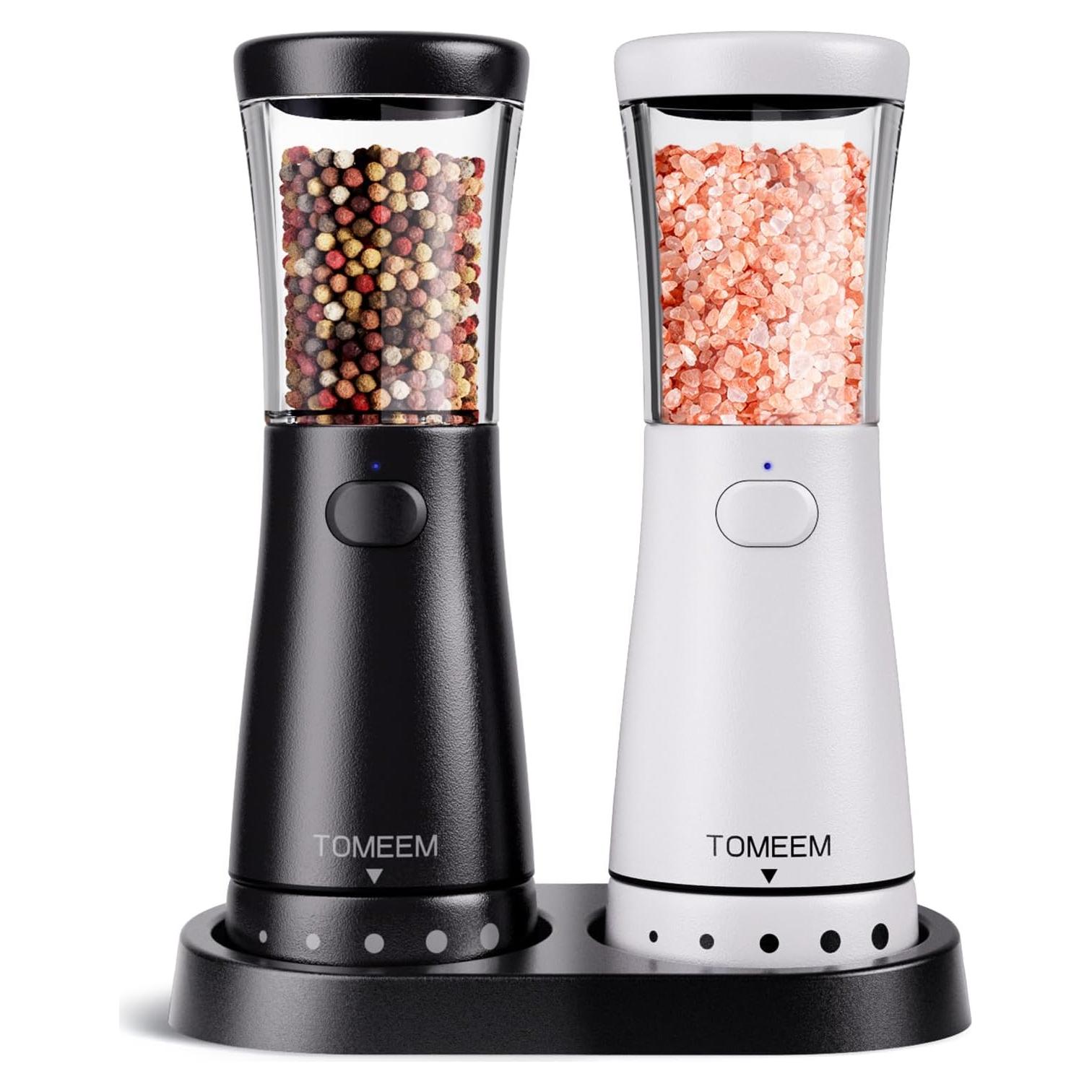 Electric Salt and Pepper Grinder Set with Storage Base, Stainless Steel Rechargeable Salt and Pepper Grinder Set with 4.5 oz Large Capacity, 1.8" Wide Mouth, Adjustable Coarseness, Ideal for Kitchen