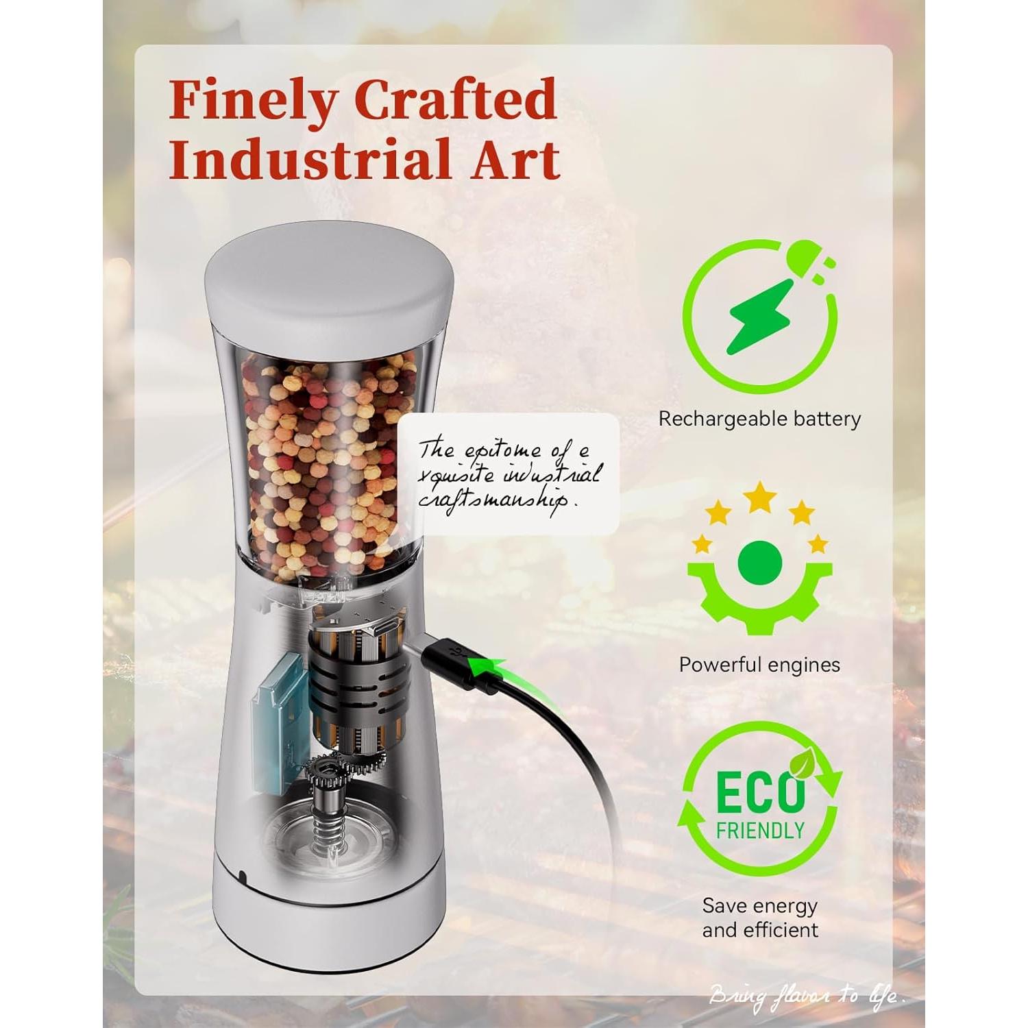 Electric Salt and Pepper Grinder Set with Storage Base, Stainless Steel Rechargeable Salt and Pepper Grinder Set with 4.5 oz Large Capacity, 1.8" Wide Mouth, Adjustable Coarseness, Ideal for Kitchen