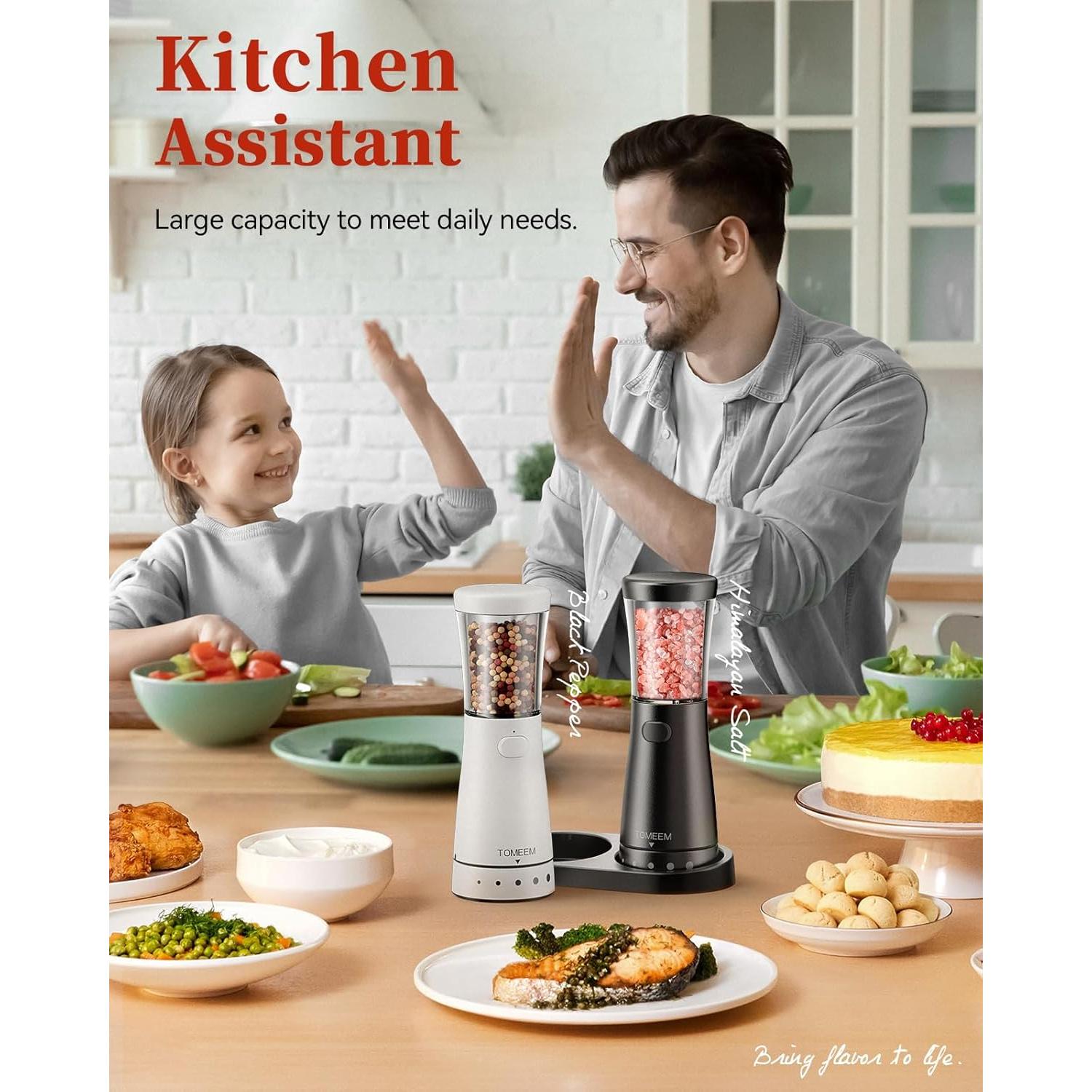 Electric Salt and Pepper Grinder Set with Storage Base, Stainless Steel Rechargeable Salt and Pepper Grinder Set with 4.5 oz Large Capacity, 1.8" Wide Mouth, Adjustable Coarseness, Ideal for Kitchen