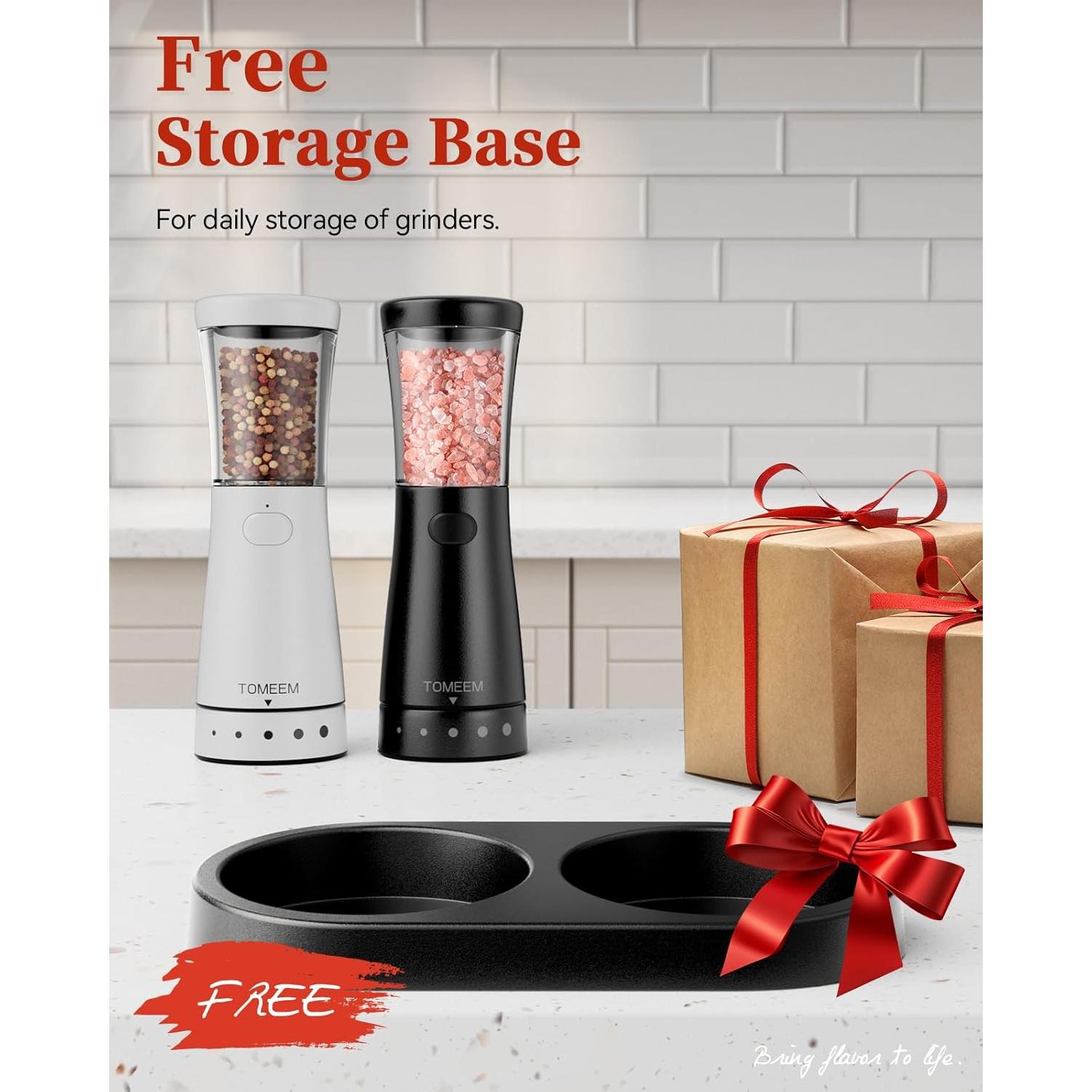 Electric Salt and Pepper Grinder Set with Storage Base, Stainless Steel Rechargeable Salt and Pepper Grinder Set with 4.5 oz Large Capacity, 1.8" Wide Mouth, Adjustable Coarseness, Ideal for Kitchen