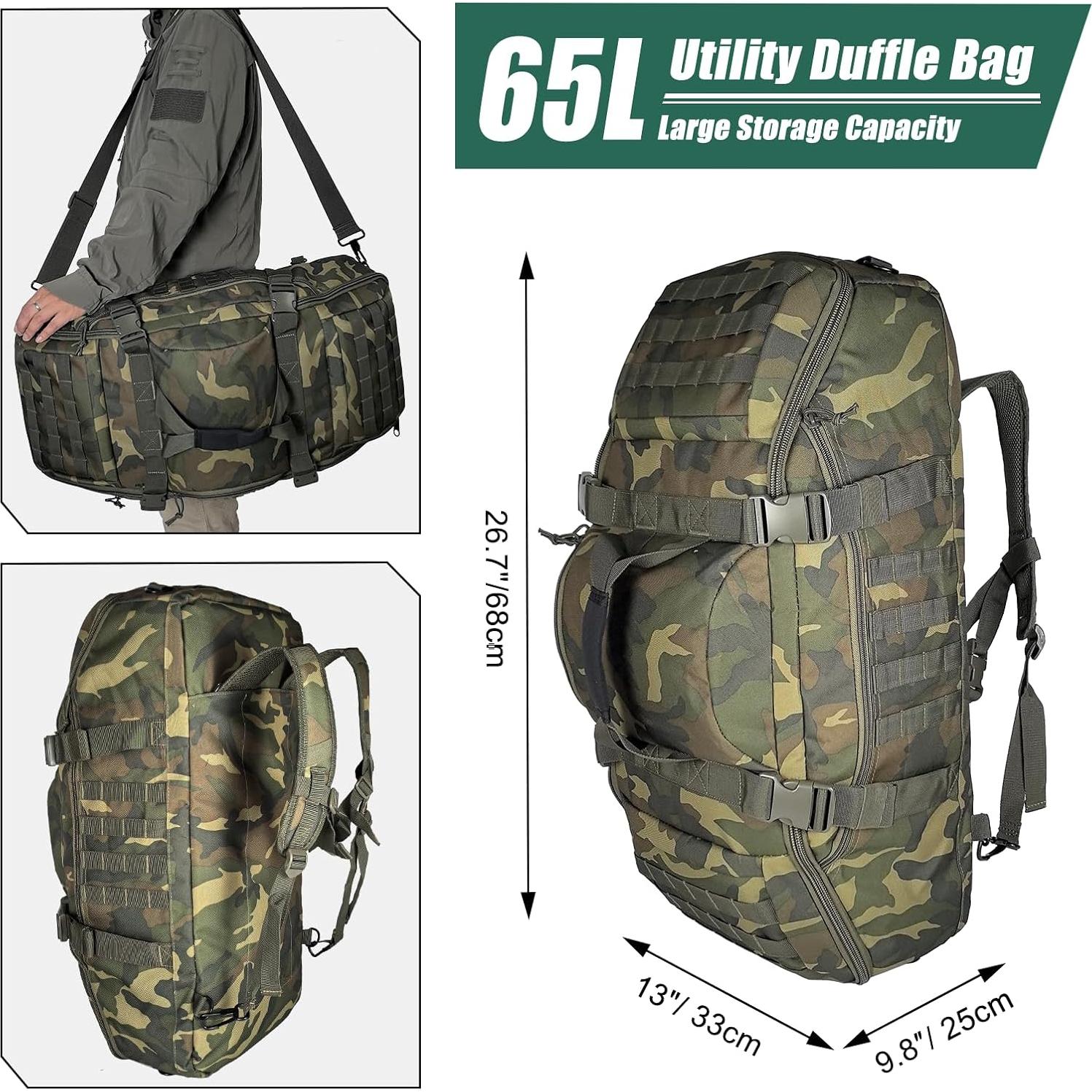 Bolsa Duffle Grande 65L Táctica 3-en-1 MOLLE Woodland