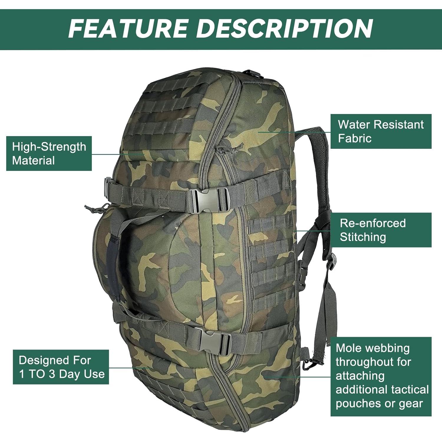 Bolsa Duffle Grande 65L Táctica 3-en-1 MOLLE Woodland