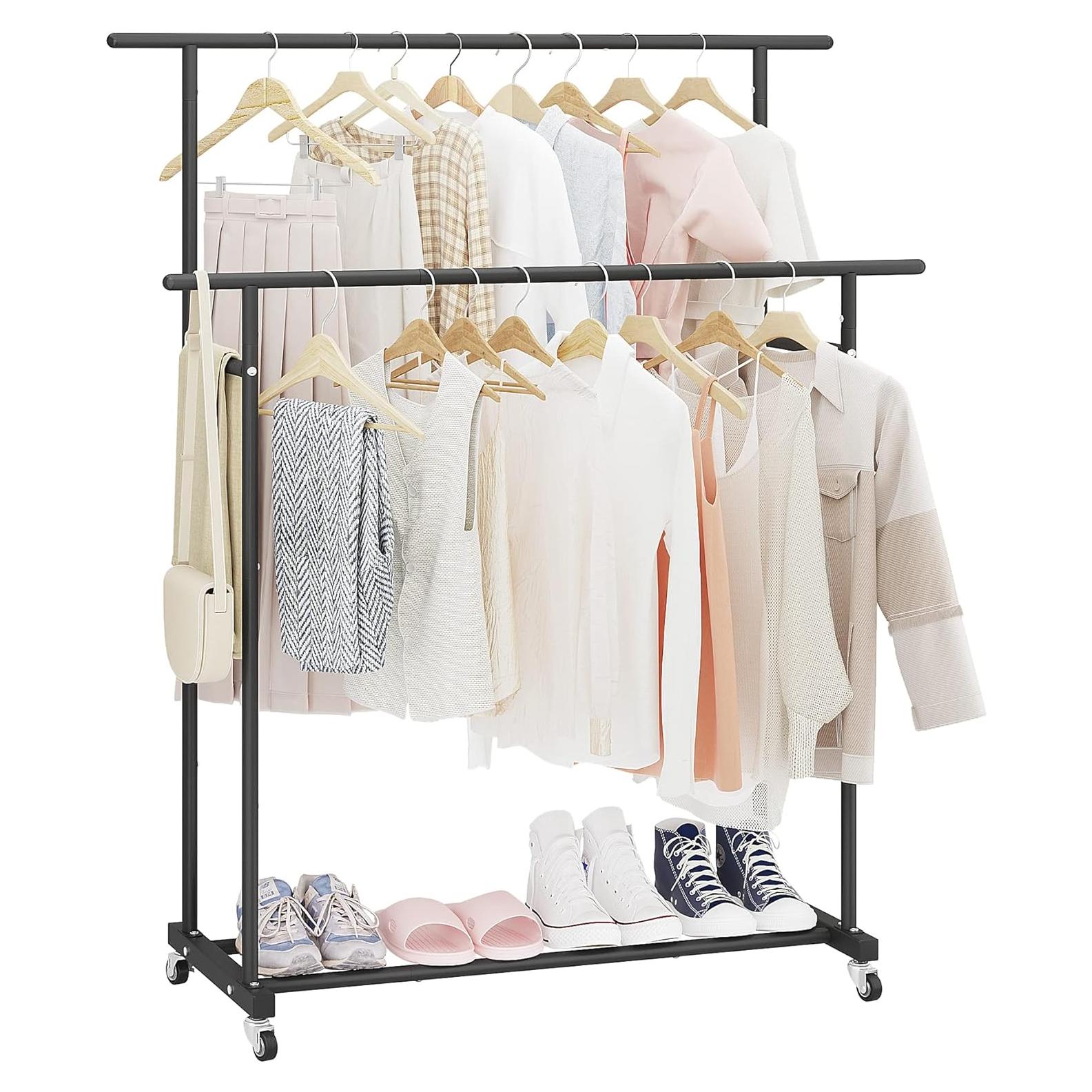 Calmootey Double Rod Clothing Garment Rack,Rolling Hanging Clothes Rack,Portable Clothes Organizer for Bedroom,Living Room,Clothing Store,Black