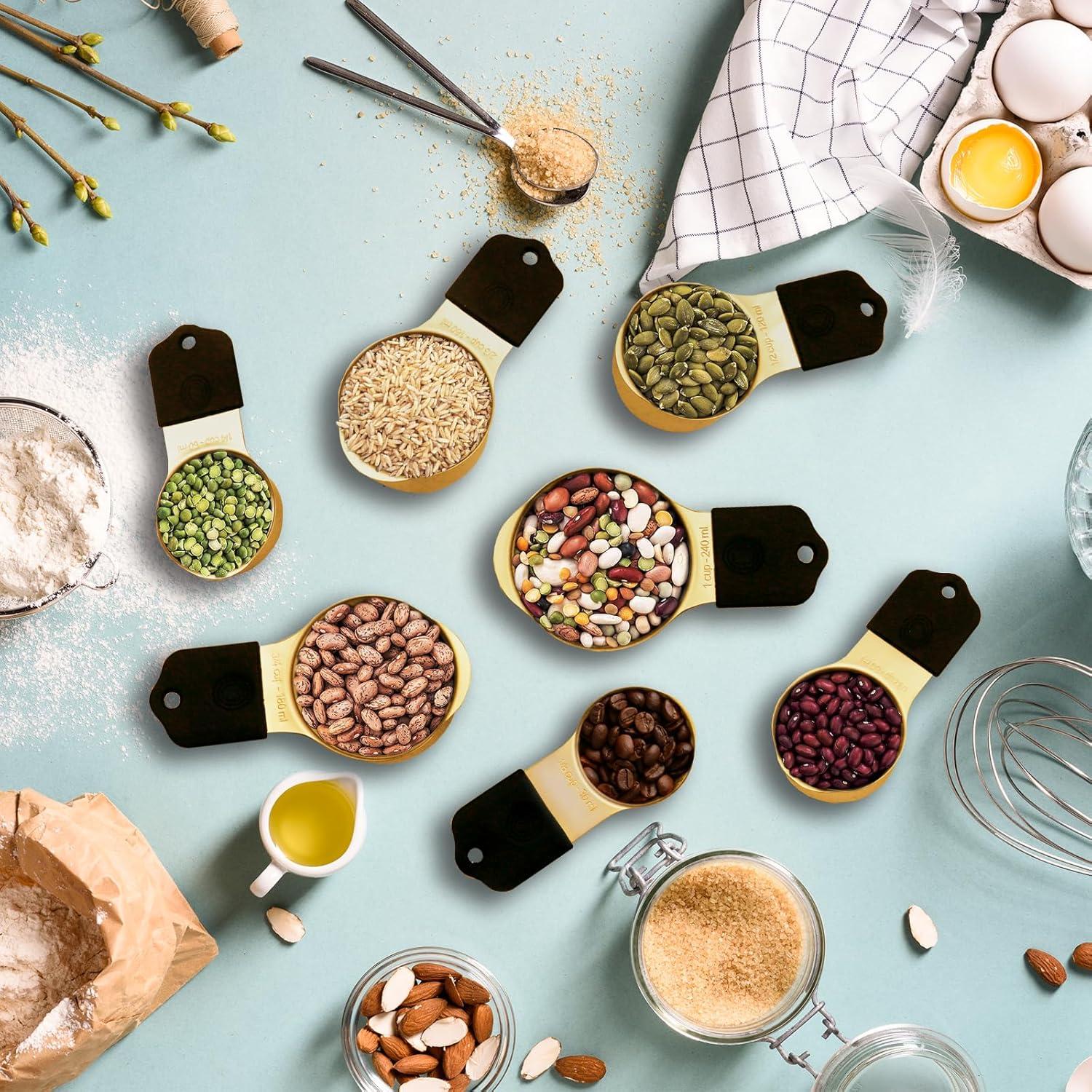 Magnetic Measuring Cups and Spoons Set, Including 7 Stainless Steel Nesting Gold Measuring Cups & 8 Magnetic Gold Measuring Spoons with 1 Leveler for Cooking & Baking