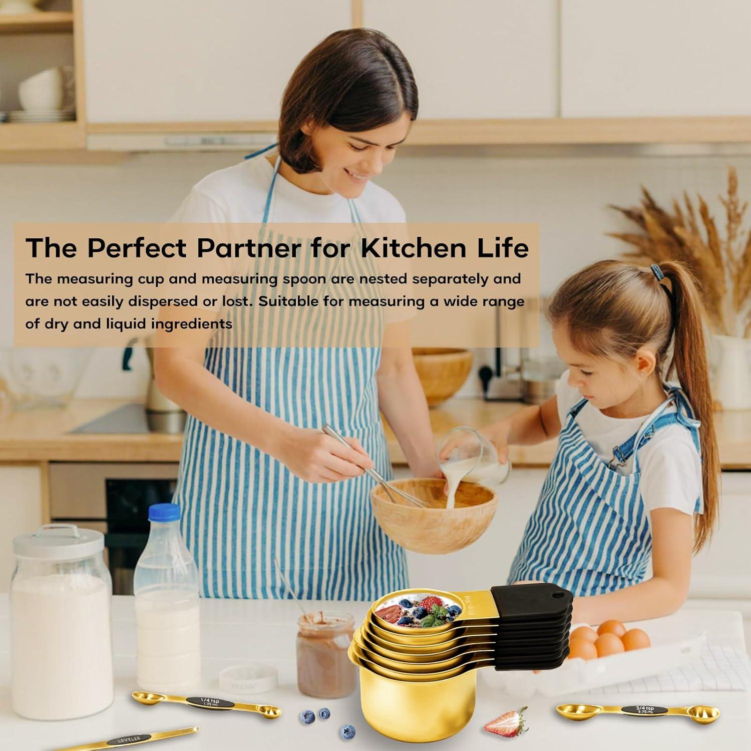 Magnetic Measuring Cups and Spoons Set, Including 7 Stainless Steel Nesting Gold Measuring Cups & 8 Magnetic Gold Measuring Spoons with 1 Leveler for Cooking & Baking