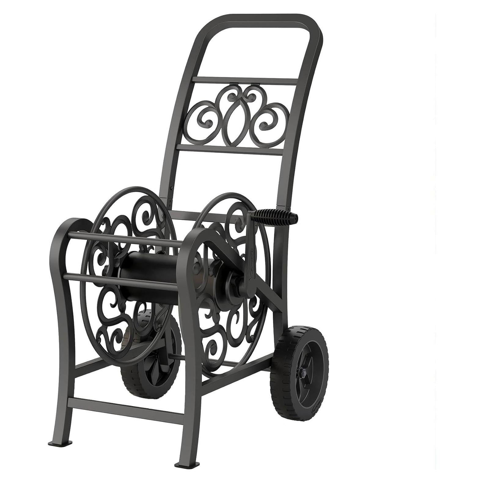 Suncast Metal Decorative 150' Hose Cart with Flat-Free Wheels and Foot Caps, Stylish Garden Hose Reel Cart for 150' of Standard Vinyl Hose, Made in the USA
