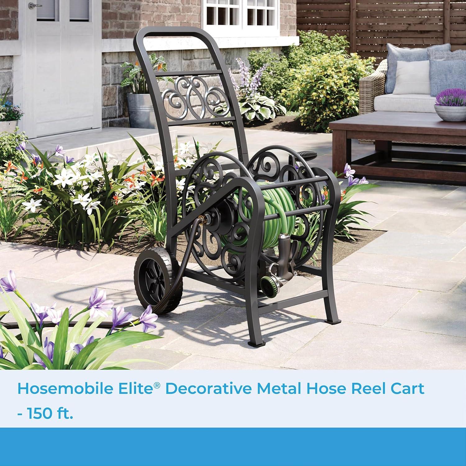 Suncast Metal Decorative 150' Hose Cart with Flat-Free Wheels and Foot Caps, Stylish Garden Hose Reel Cart for 150' of Standard Vinyl Hose, Made in the USA