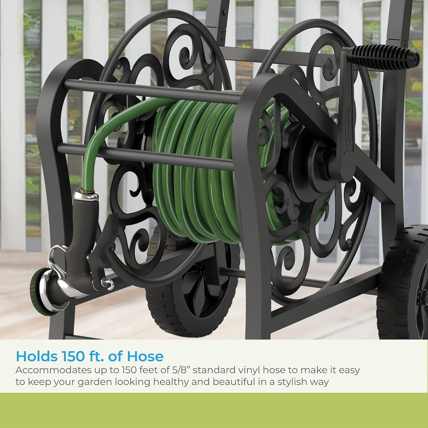 Suncast Metal Decorative 150' Hose Cart with Flat-Free Wheels and Foot Caps, Stylish Garden Hose Reel Cart for 150' of Standard Vinyl Hose, Made in the USA