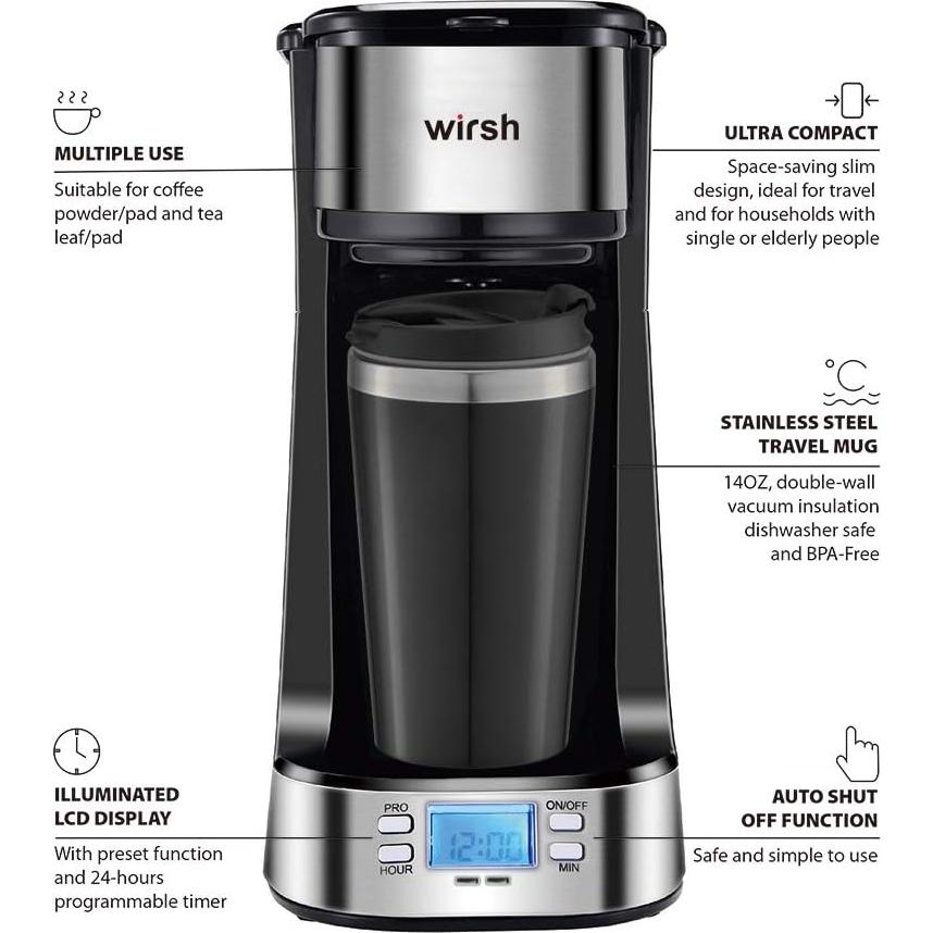 Cafetera Wirsh SOLO PRO 1 Taza con Temporizador y Filtro