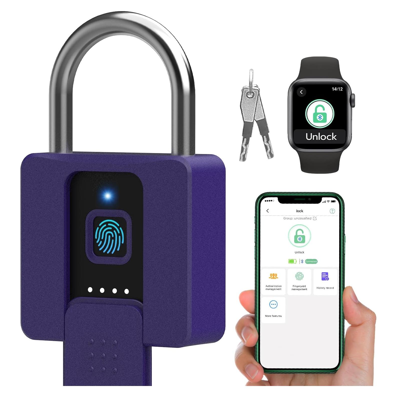 Large Fingerprint Padlock, Dhiedas Heavy Duty Padlock, Weatherproof Biometric Lock with Key for Outdoor Fence Gate Shed Gym Locker Truck Purple