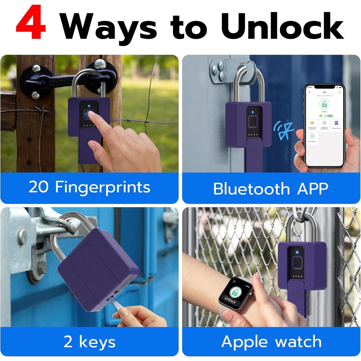 Large Fingerprint Padlock, Dhiedas Heavy Duty Padlock, Weatherproof Biometric Lock with Key for Outdoor Fence Gate Shed Gym Locker Truck Purple