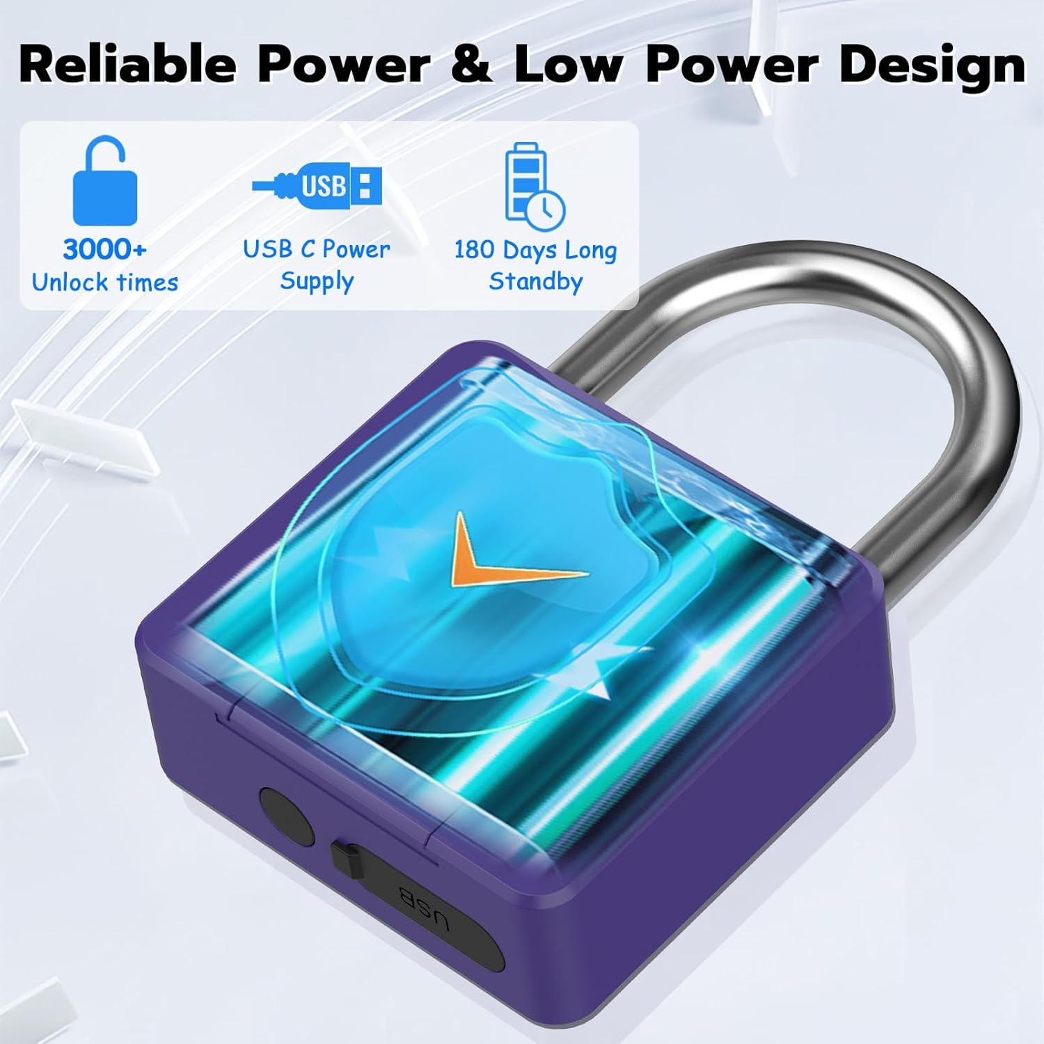 Large Fingerprint Padlock, Dhiedas Heavy Duty Padlock, Weatherproof Biometric Lock with Key for Outdoor Fence Gate Shed Gym Locker Truck Purple