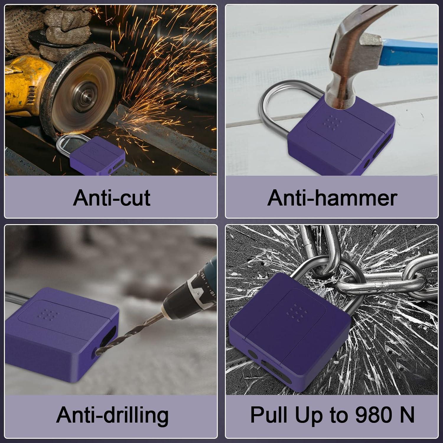 Large Fingerprint Padlock, Dhiedas Heavy Duty Padlock, Weatherproof Biometric Lock with Key for Outdoor Fence Gate Shed Gym Locker Truck Purple