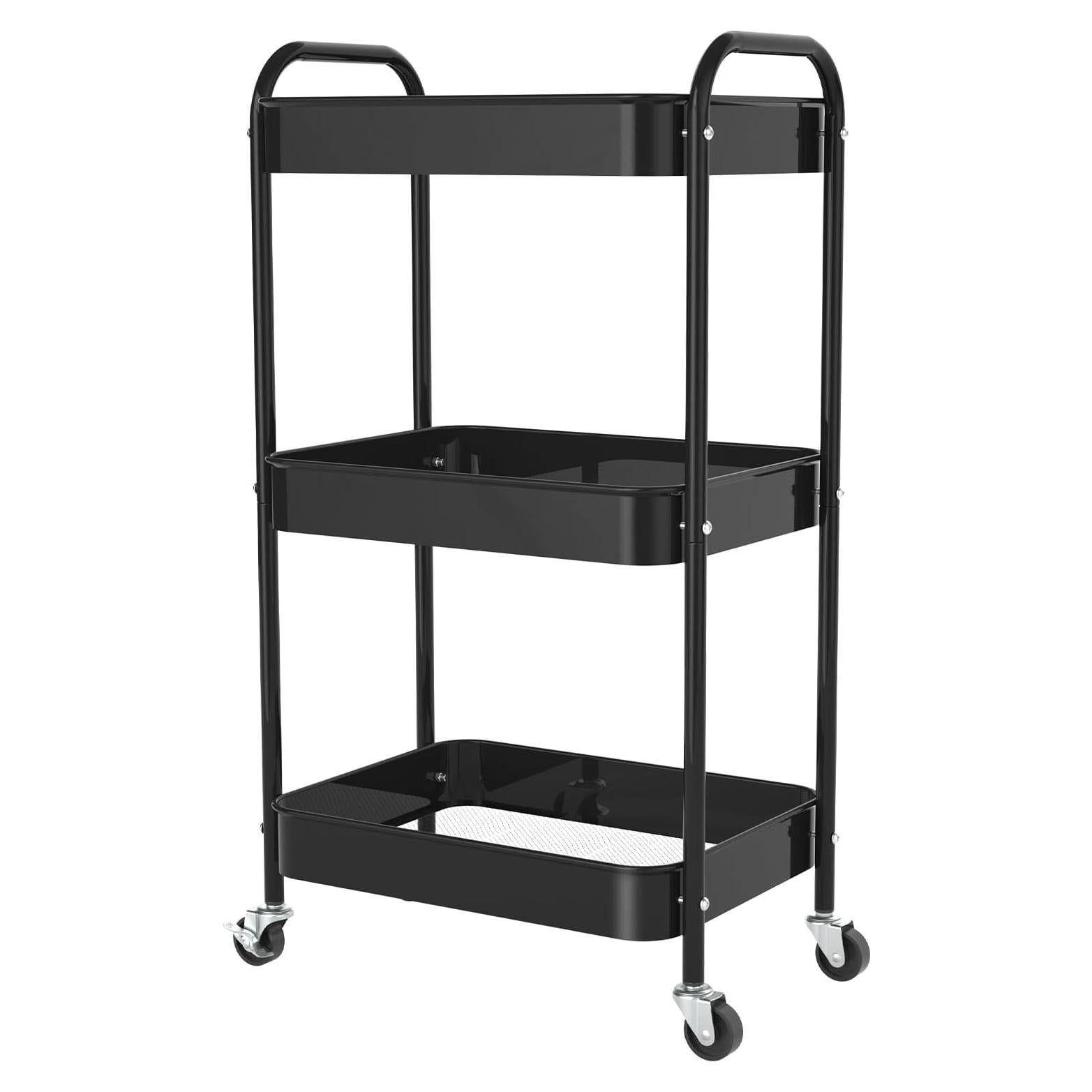 Carro de Almacenamiento Metálico Rodante PNVXNUS 3 Niveles Negro