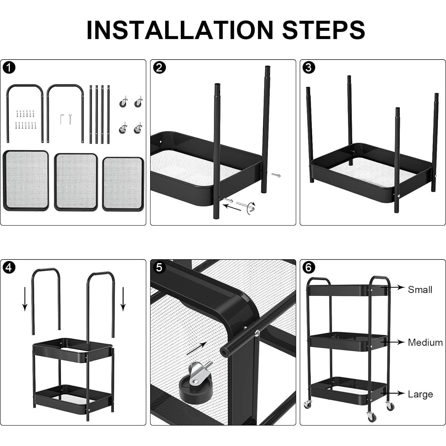 Carro de Almacenamiento Metálico Rodante PNVXNUS 3 Niveles Negro