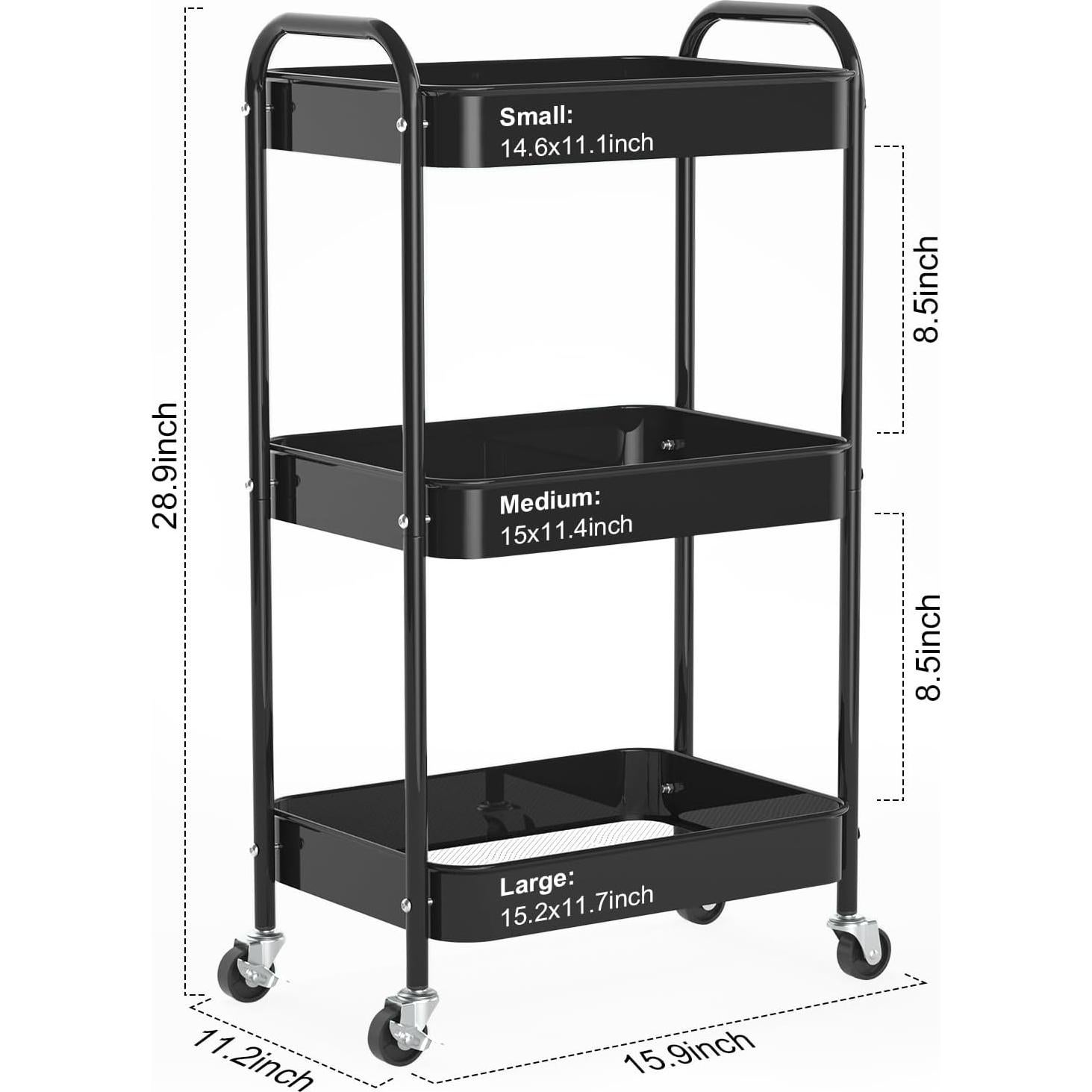 Carro de Almacenamiento Metálico Rodante PNVXNUS 3 Niveles Negro
