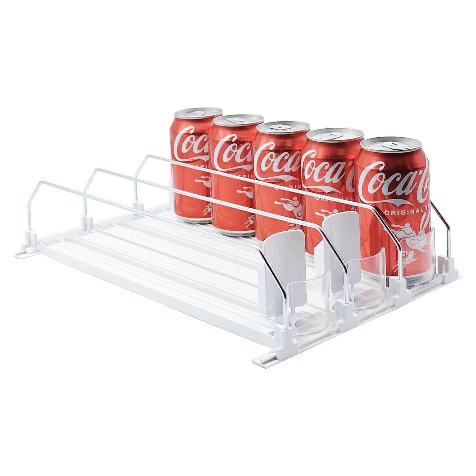 Drink Organizer for Fridge-White Automatic Pusher Glide,12oz 16oz 20oz-Soda Dispenser for Fridge-Holds up to 15 Cans