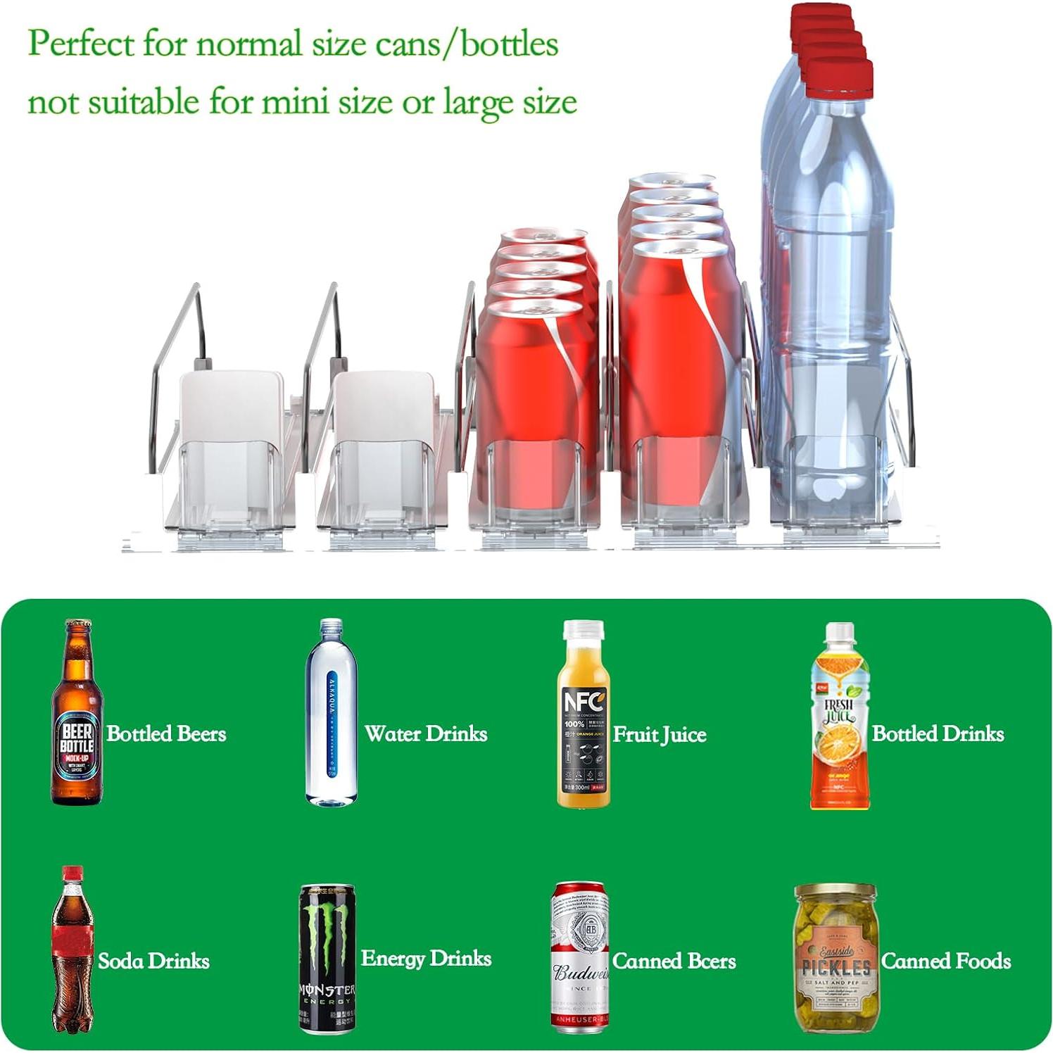 Drink Organizer for Fridge-White Automatic Pusher Glide,12oz 16oz 20oz-Soda Dispenser for Fridge-Holds up to 15 Cans