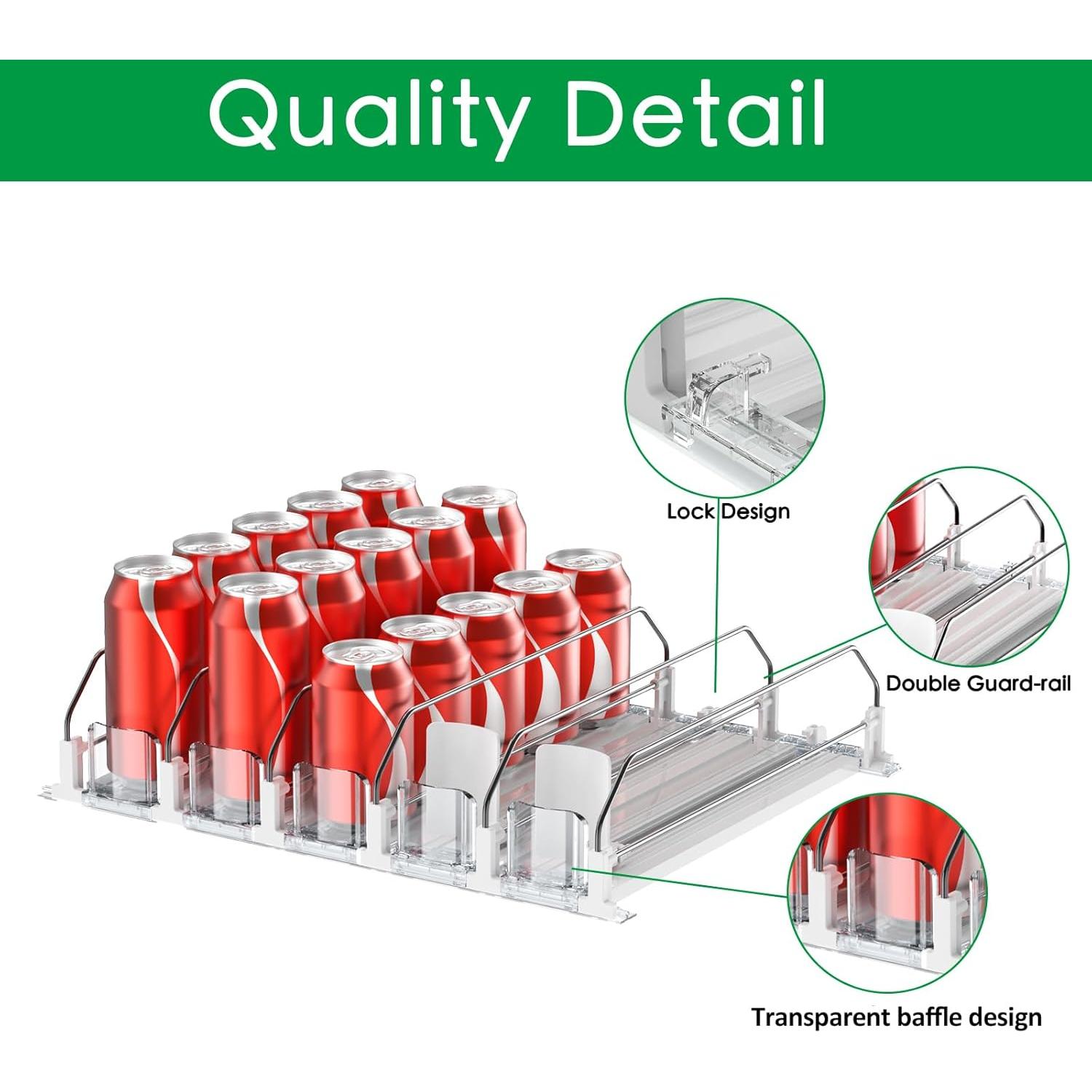 Drink Organizer for Fridge-White Automatic Pusher Glide,12oz 16oz 20oz-Soda Dispenser for Fridge-Holds up to 15 Cans