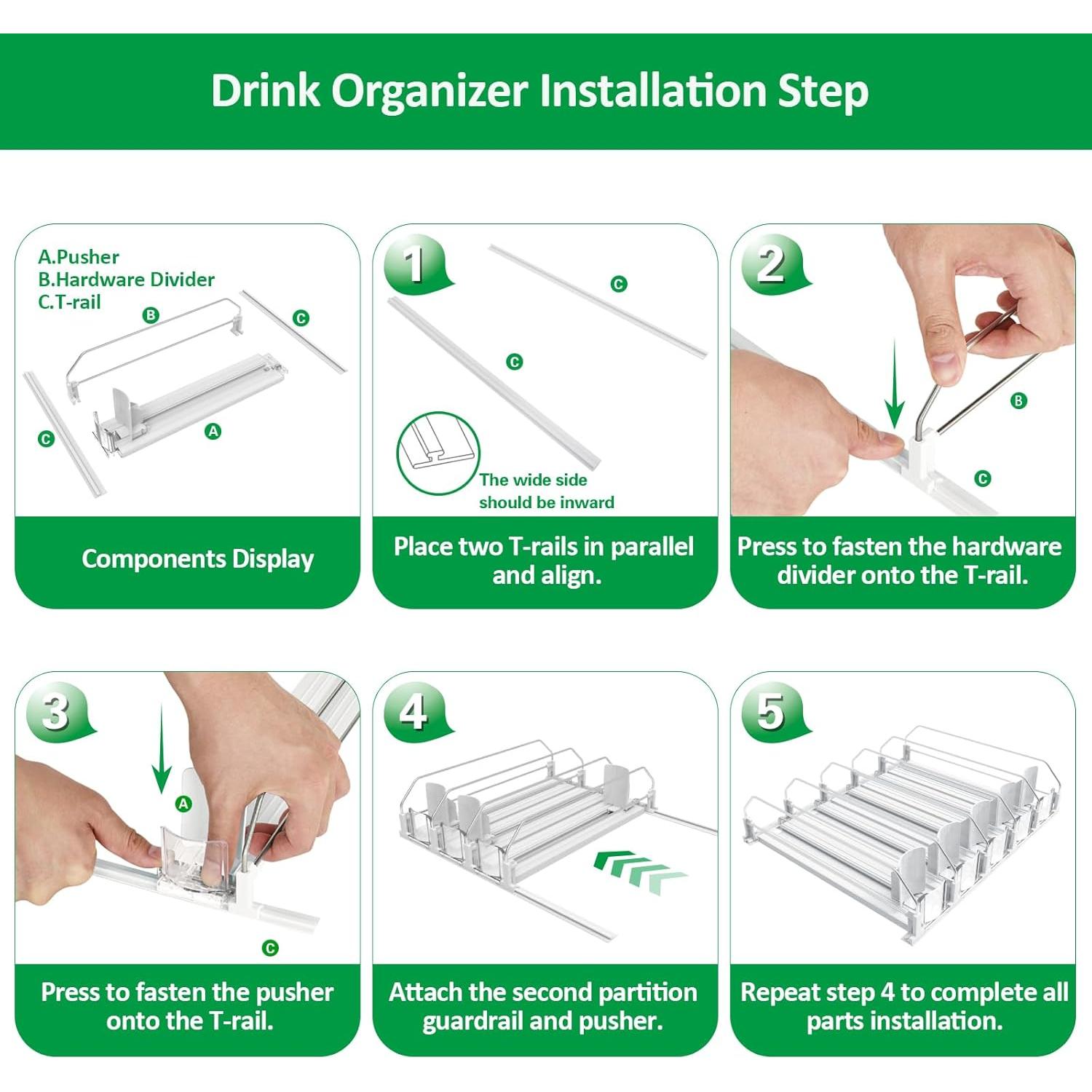 Drink Organizer for Fridge-White Automatic Pusher Glide,12oz 16oz 20oz-Soda Dispenser for Fridge-Holds up to 15 Cans