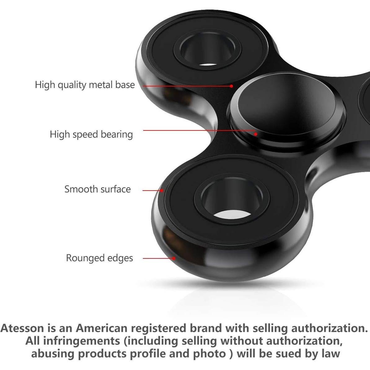 Spinner Fidget ATESSON Negro, Alivio Estrés y TDAH, Metal