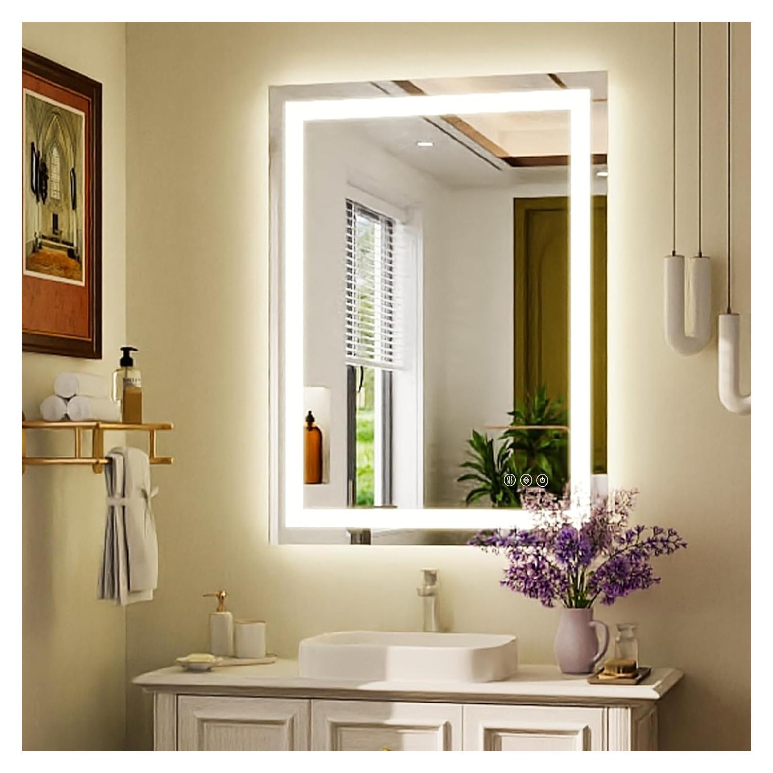 32'' x 24'' LED Bathroom Mirror with Lights, Wall Mirror with Front and Backlight, 3 Colors Vanity Mirror with Lights for Over Sink, Anti-Fog Wall Mirror for Bathroom