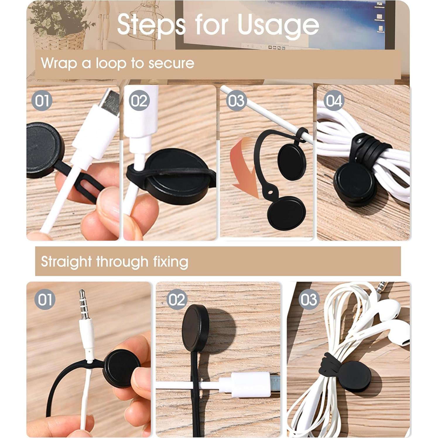 20Pcs Nearockle Reusable Magnetic Cable Ties, 2024 Upgraded 7.3"&3.3" N52 Strong Magnet Cable Clips Cord Organizer for Desk Electrical Cords, Charging Cords, Whiteboard Fridge Magnets (Black)