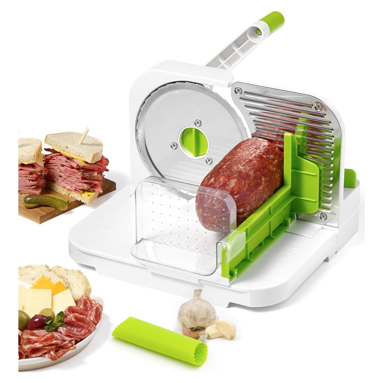 Starfrit Deli Slicer - Slices Meat, Cheese, Bread - 6.5" Stainless Steel Blade - Adjustable Thickness Knob - Nestable for Easy Storage | 2-in-1 Fruit and Vegetable with Bonus Peeler