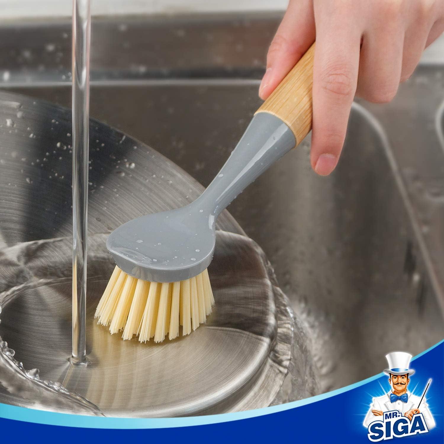 Cepillo para Platos MR.SIGA con Mango de Bambú y Raspador - Paquete de 2