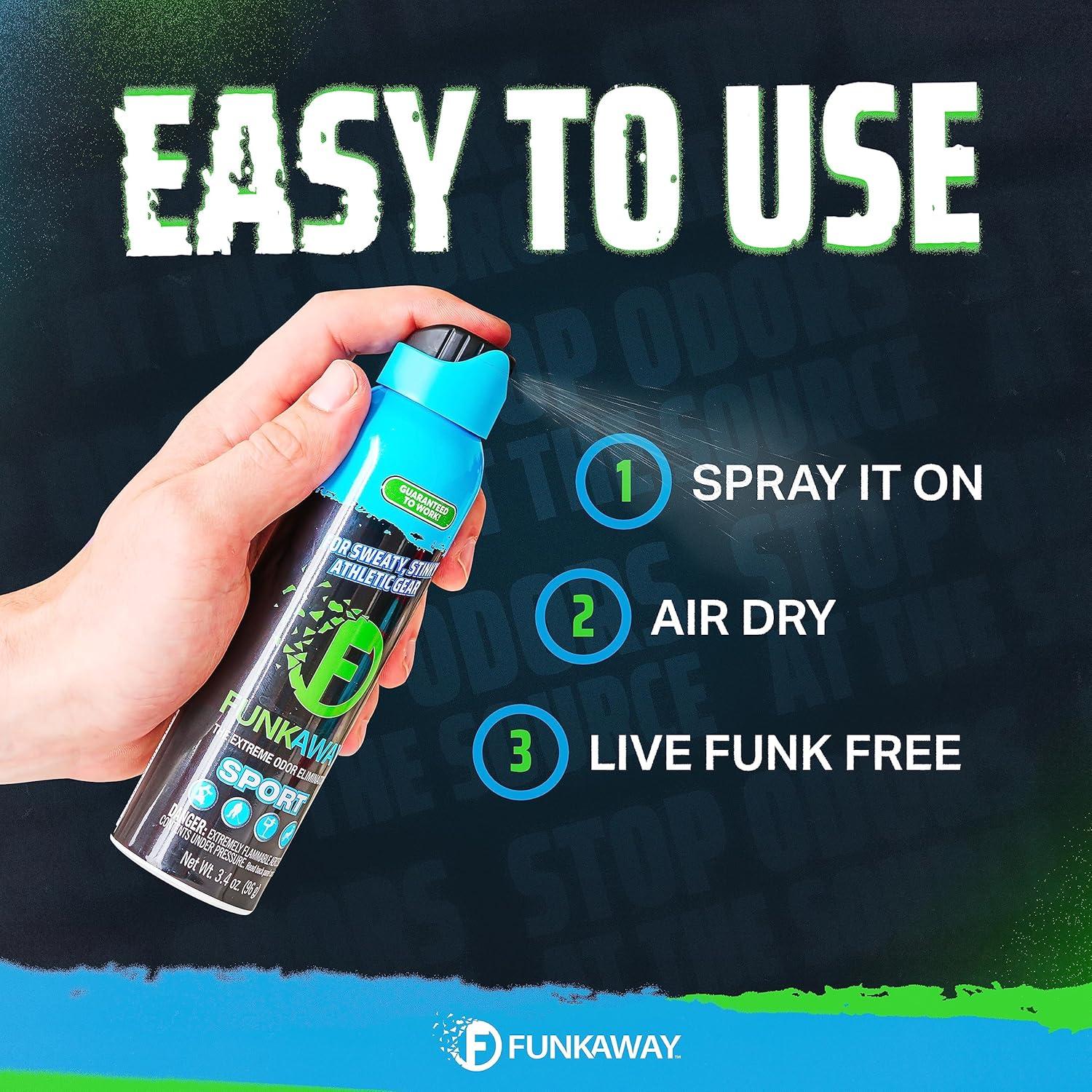 FunkAway Sport Aerosol Spray, 3.4 oz., The Extreme Odor Eliminator Refreshes Shoes and Sports Gear, For Stuff You Can't Put In The Wash