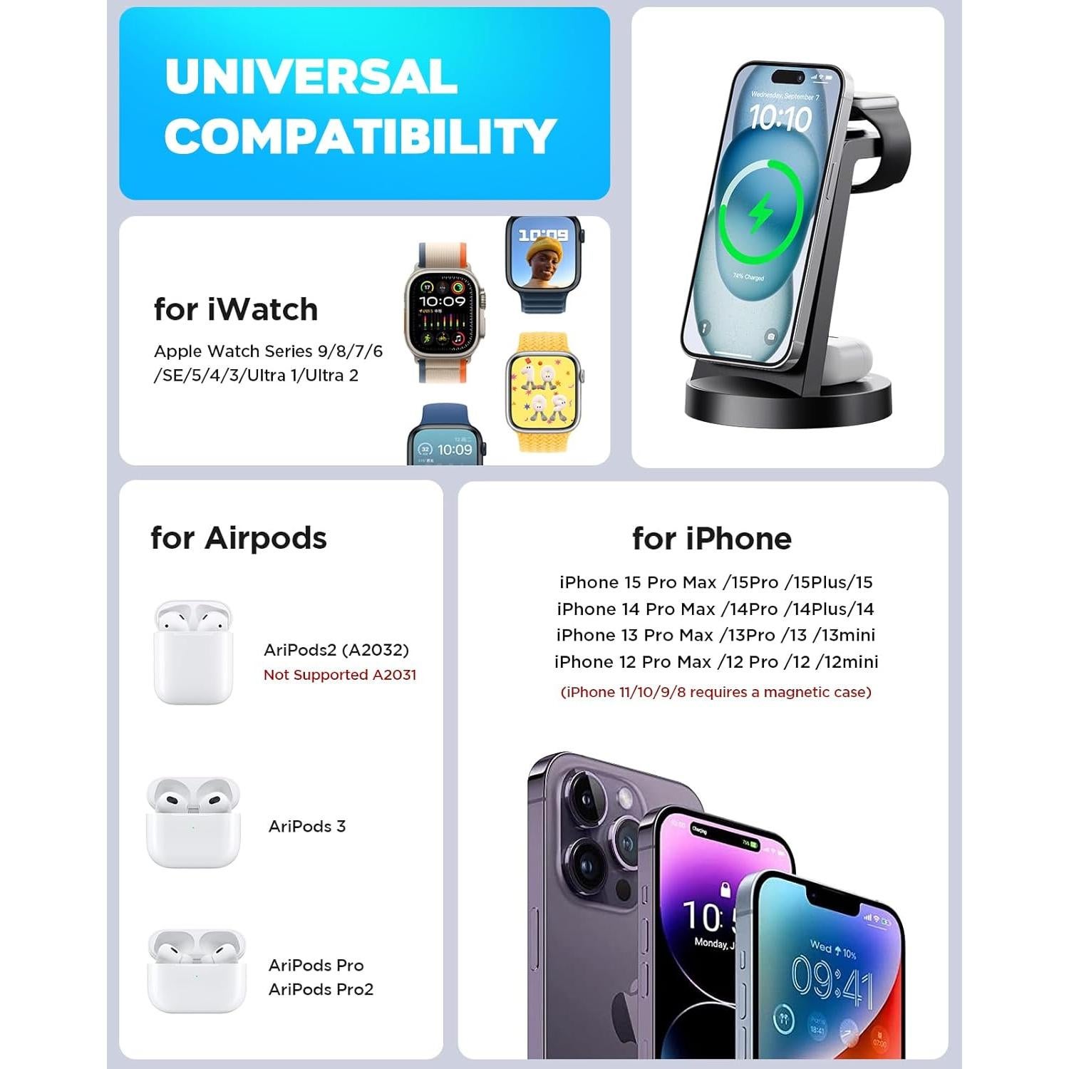 Anlmz Wireless Magnetic Charger Station for iPhone:3 in 1 Charging Stand for iPhone15 14 13 12 pro max & AirPods 3/2/Pro & iWatch