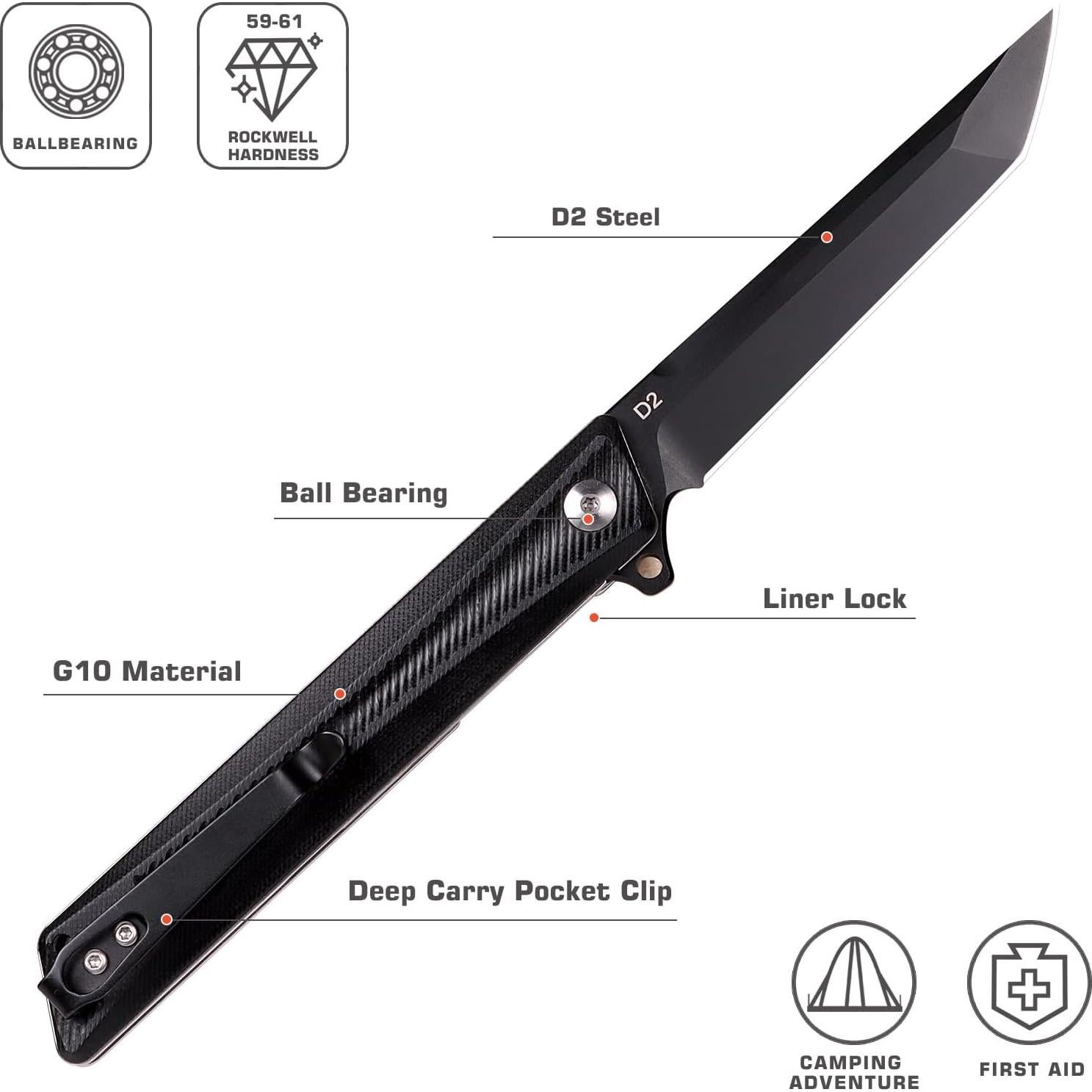 Cuchillo de bolsillo REMETTE GD22K, acero D2, EDC ligero